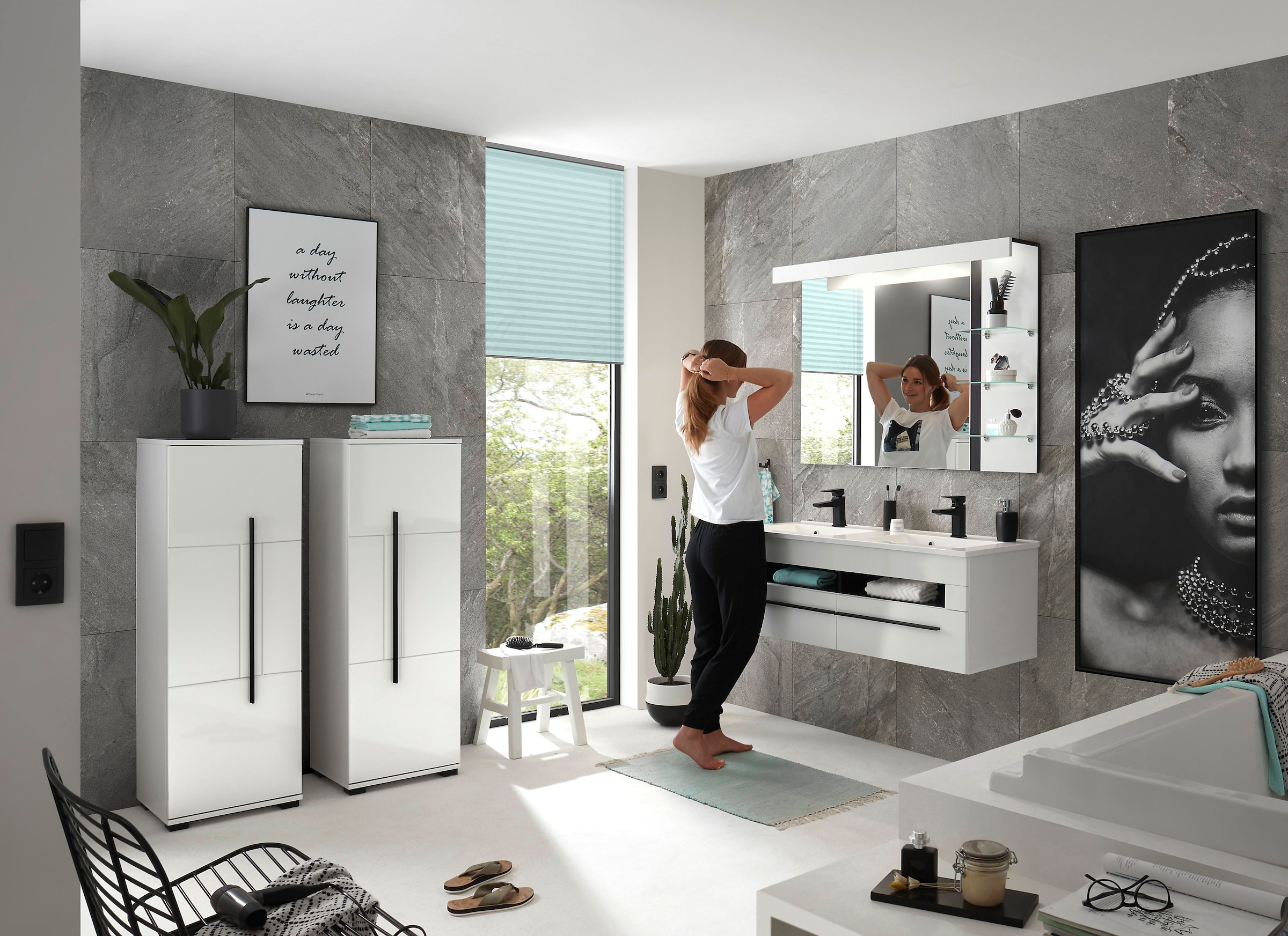 INOSIGN Badmöbel-Set »Cantara, Bad im modernen Design, 4-teiliges Badezimmer«, (Set, 4 St.), Waschtisch, Schränke und Spiegel, in Weiss Hochglanz, viel Stauraum