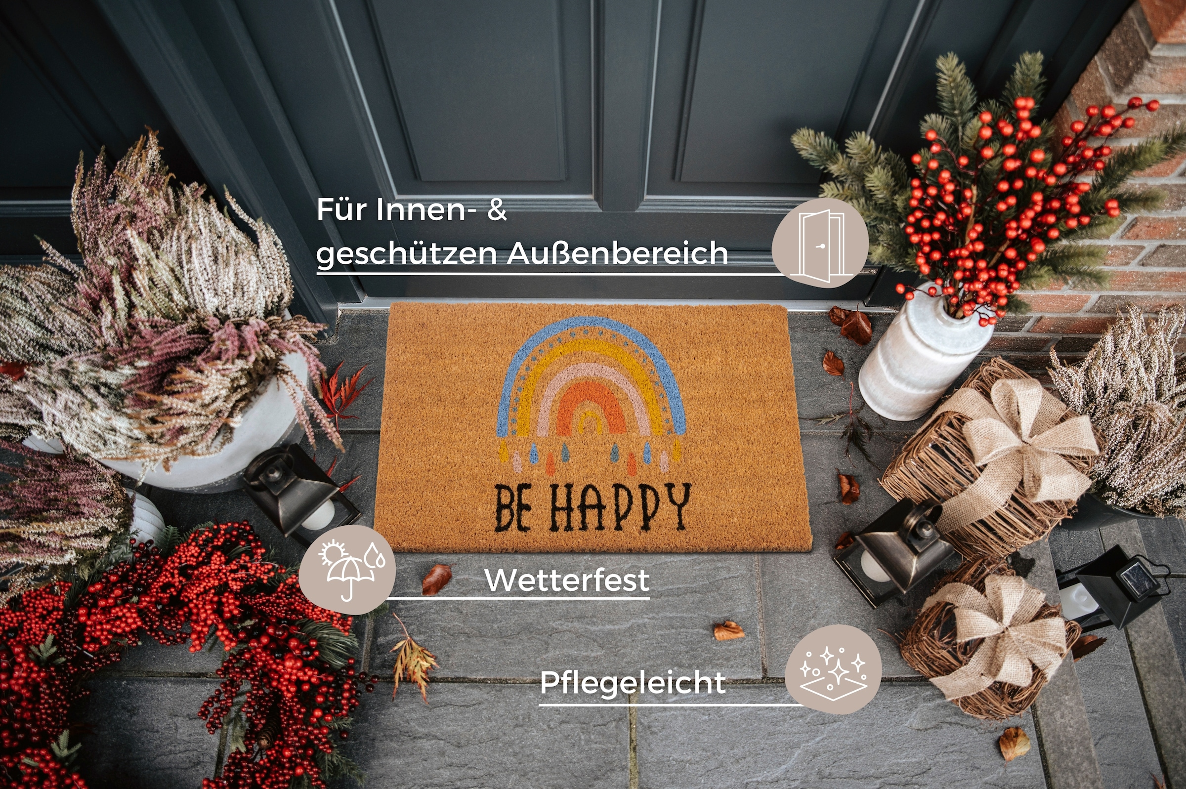 HANSE Home Fussmatte »Kokos Be Happy, Türmatte«, rechteckig, 15 mm Höhe, Schmutzfangmatte, Rutschfest, Outdoor, Innen, Aussen, Kokosmatte, Flur