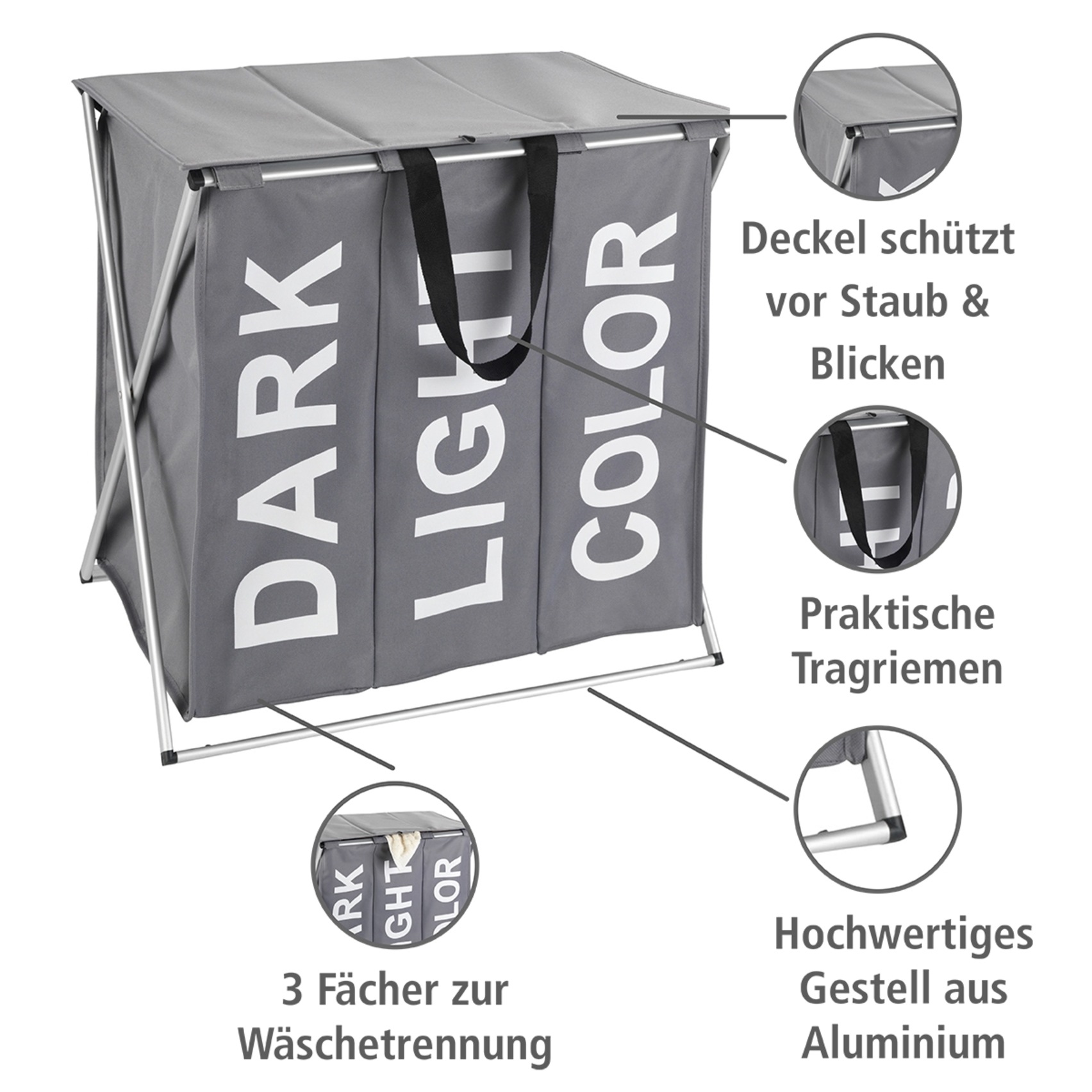 WENKO Wäschesortierer »Modell Trio Top«, abnehmbarer Wäschesammler mit Metallgestell, 3 Fächer, 118 L