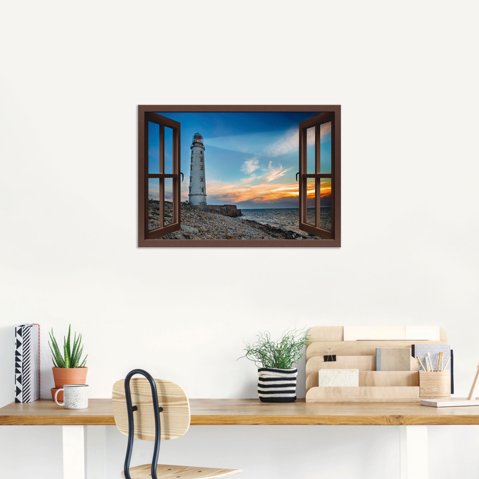 Artland Alu-Dibond-Druck »Fensterblick Leuchtturm«, Fensterblick, (1 St.), für Innen- und Aussenbereich geeignet, Outdoorbild