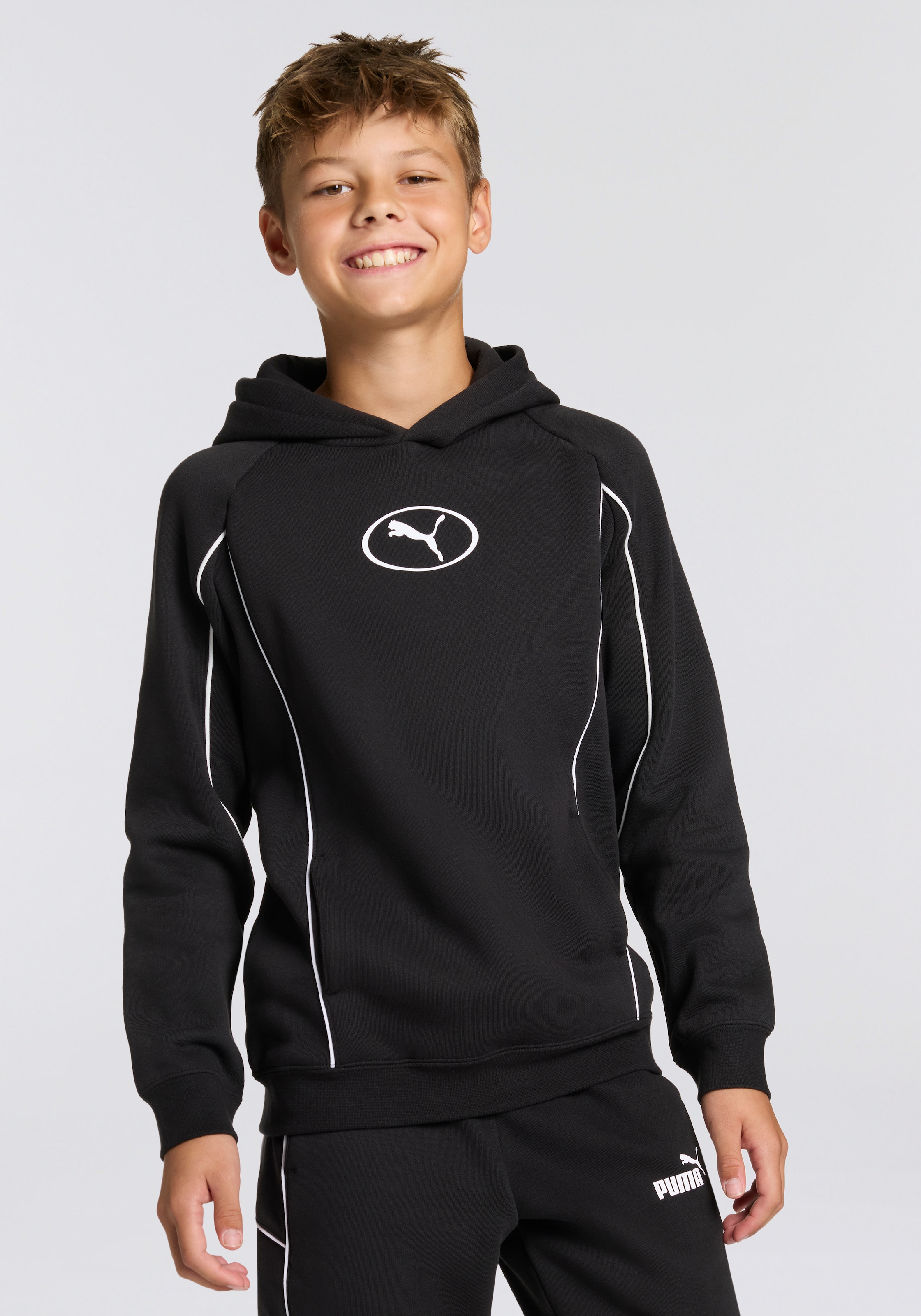 Image of PUMA Kapuzensweatshirt "SPORT HOODIE FL B", für Jugendliche, mit Print-Applikationen, Regular Fit, mit Kapuze