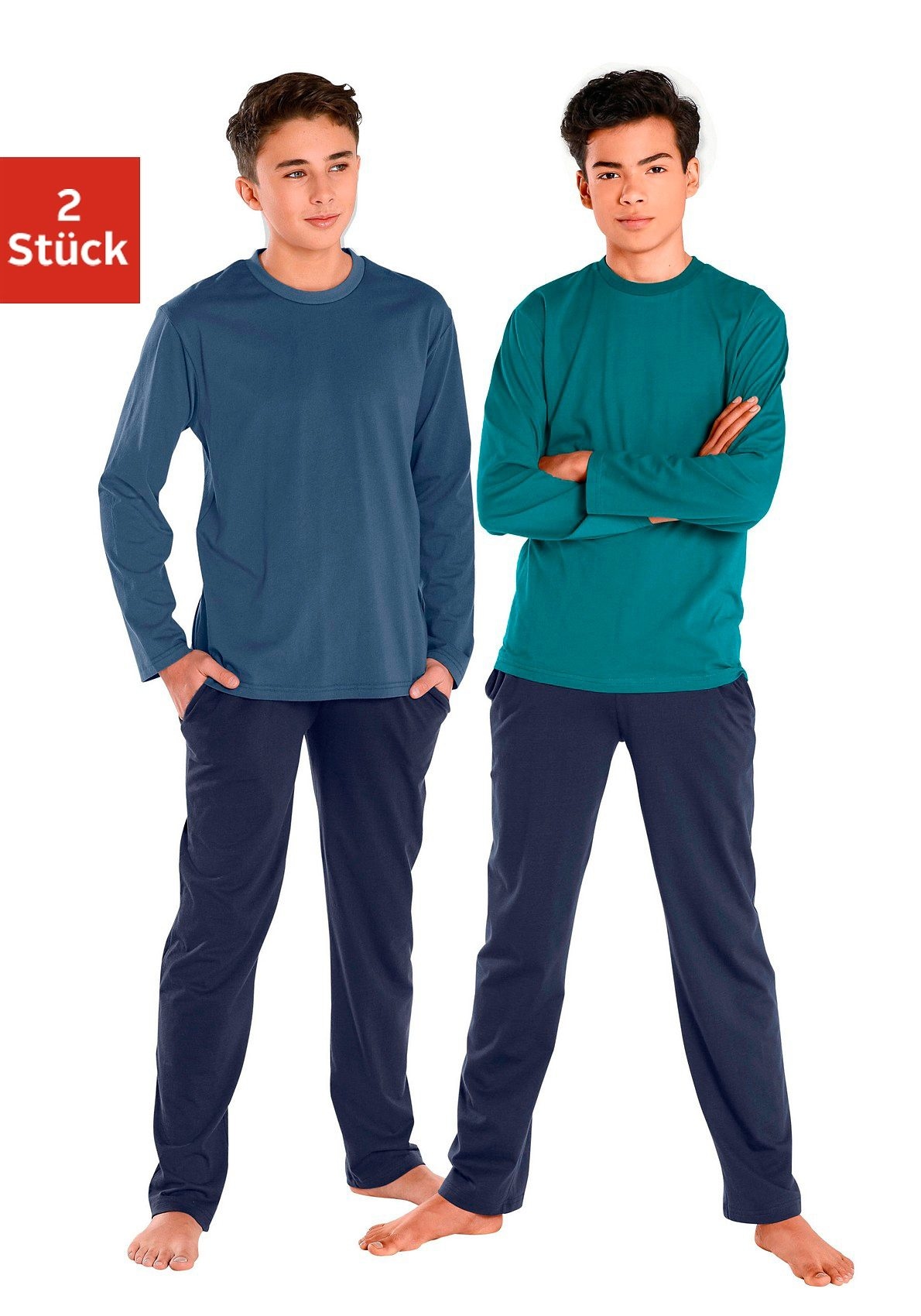 Image of AUTHENTIC LE JOGGER Pyjama 4 tlg. langer Schlafanzug, unifarben, aus Baumwolle