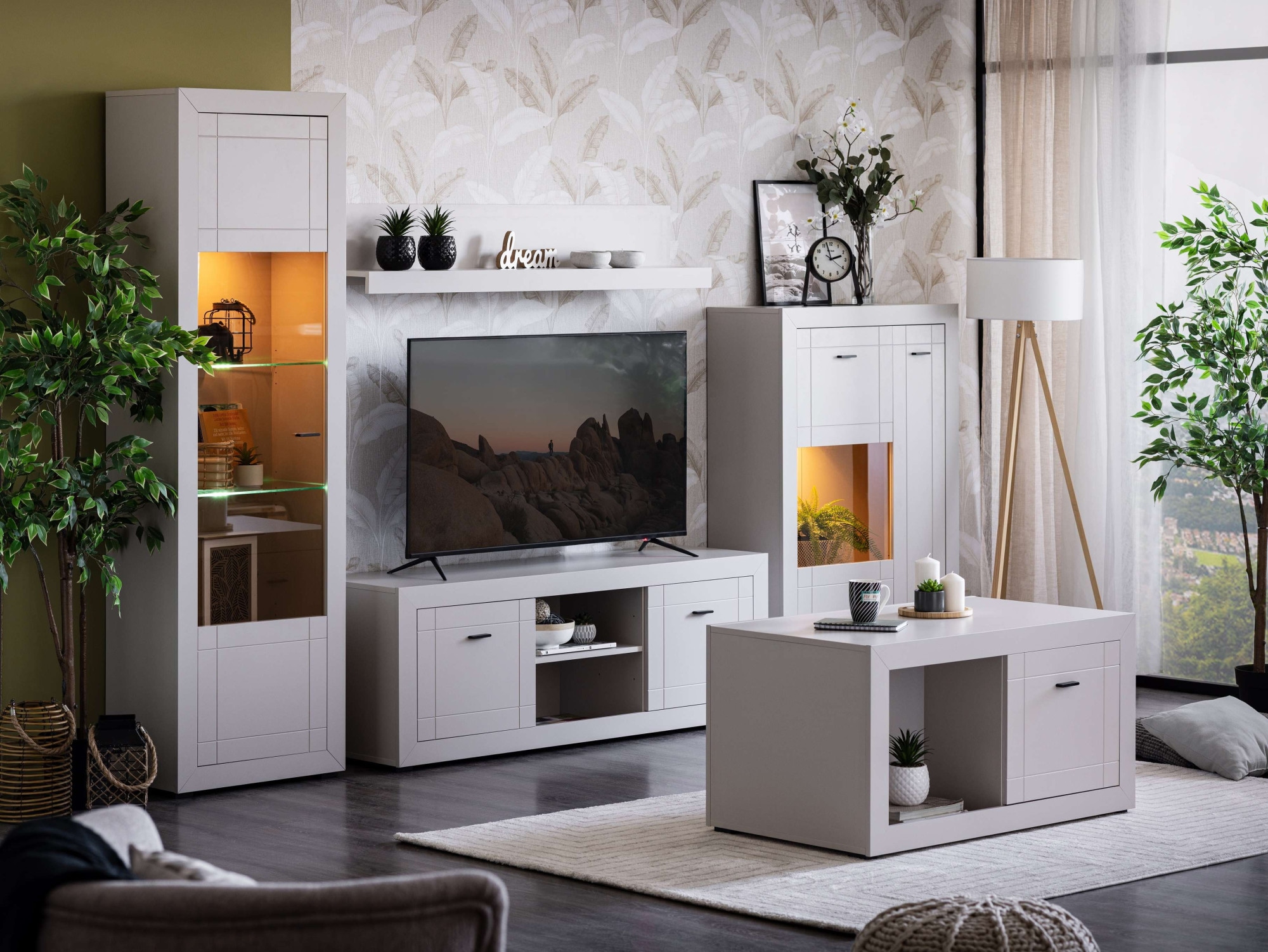 Home affaire Highboard »Warwick, Hochkommode, Vitrine, Glasvitrine, Kombi-Highboard« Modernes Highboard: Kaschmir-Dekor, 2 Türen, Heissfolienprägung