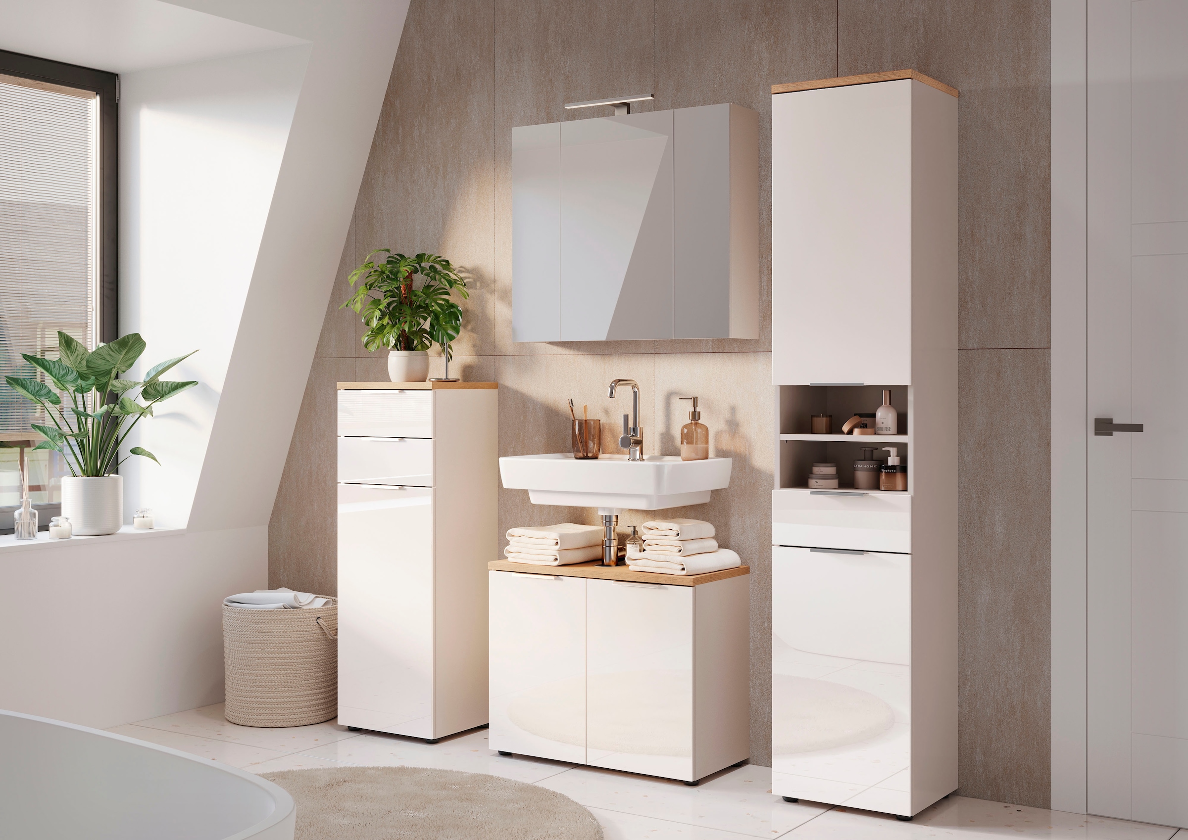 GERMANIA Waschbeckenunterschrank »Tavira« 1 Stk. tlg. Waschbeckenunterschrank mit Glasfronten und Siphonausschnitt