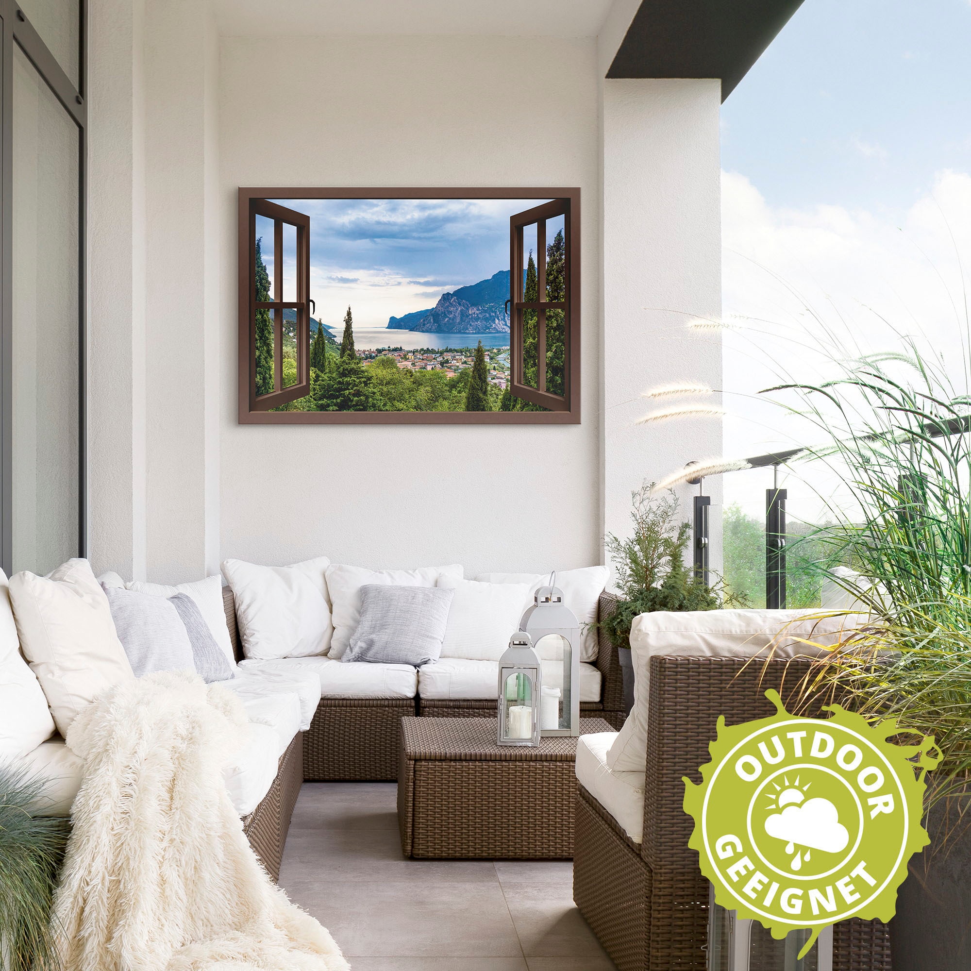 Artland Wandbild »Gardasee durchs braune Fenster«, Seebilder, (1 St.), als Alubild, Outdoorbild, Leinwandbild, Poster in verschied. Grössen