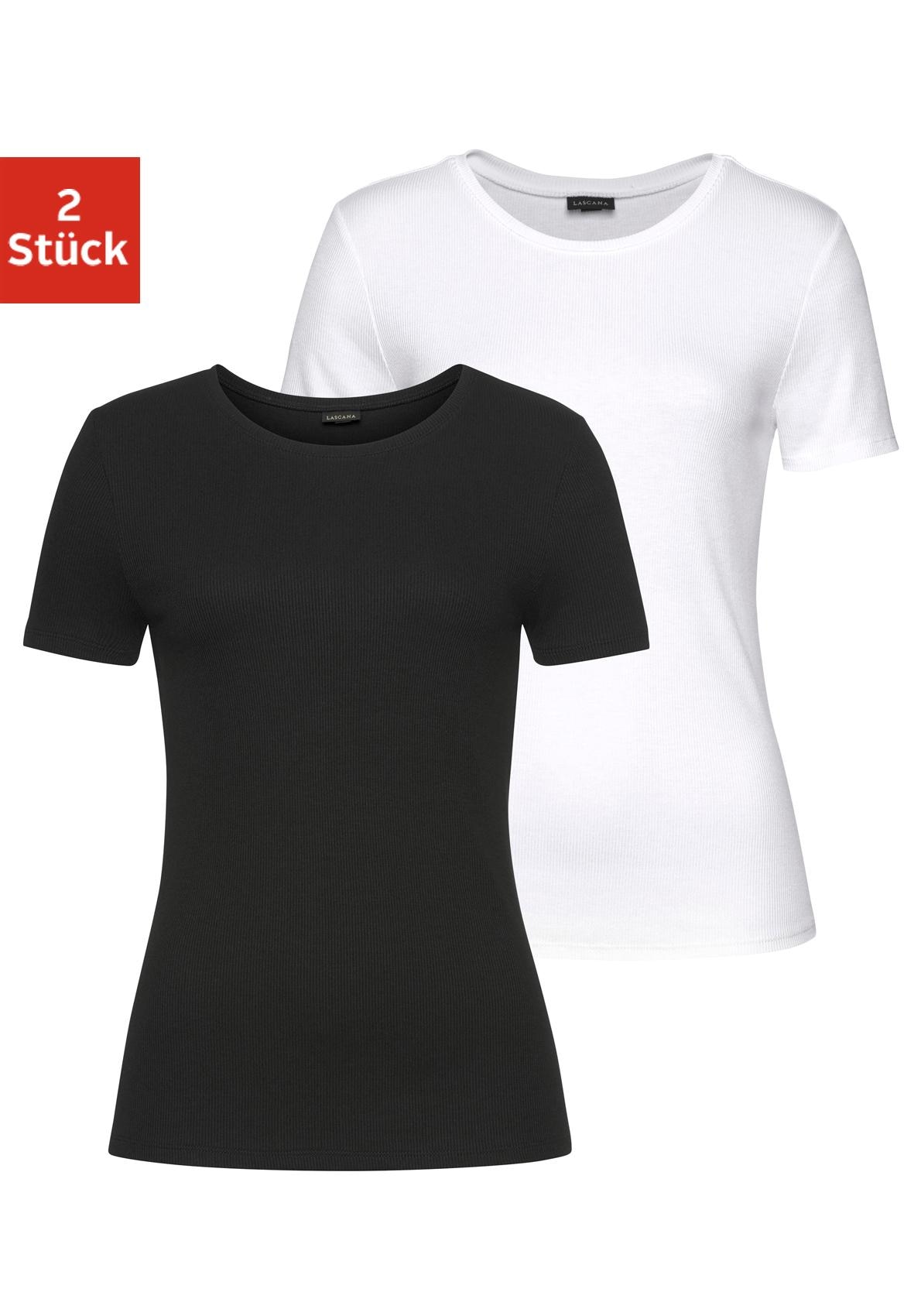 Image of LASCANA T-Shirt "aus weicher Rippware" 2er-Pack, figurbetontes Rippshirt, Kurzarmshirt im Doppelpack, Basicshirt