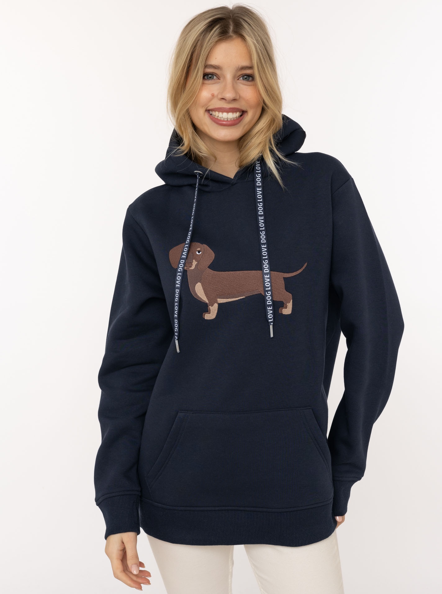 Image of Zwillingsherz Hoodie ""Dackel"", Stickerei vorne, weiche Fleece Innenseite, bedruckte Kordel