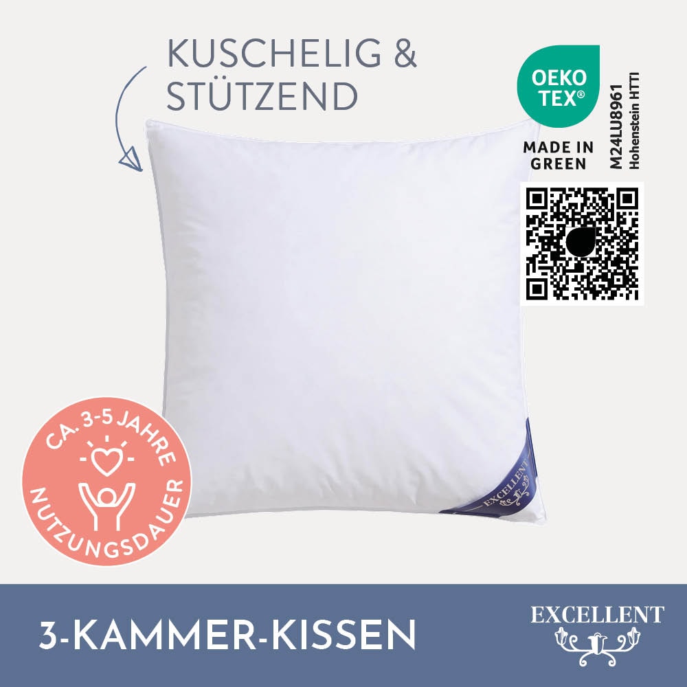 Excellent 3-Kammer-Kopfkissen »Zürich, in 40x80 und 80x80 und weitere Grössen«, Füllung: weisse neue Daunen und Federn, Klasse I, Bezug: feiner Daunen-Batist, 100% Baumwolle, (1 St.), allergikerfreundlich, hergestellt in Deutschland