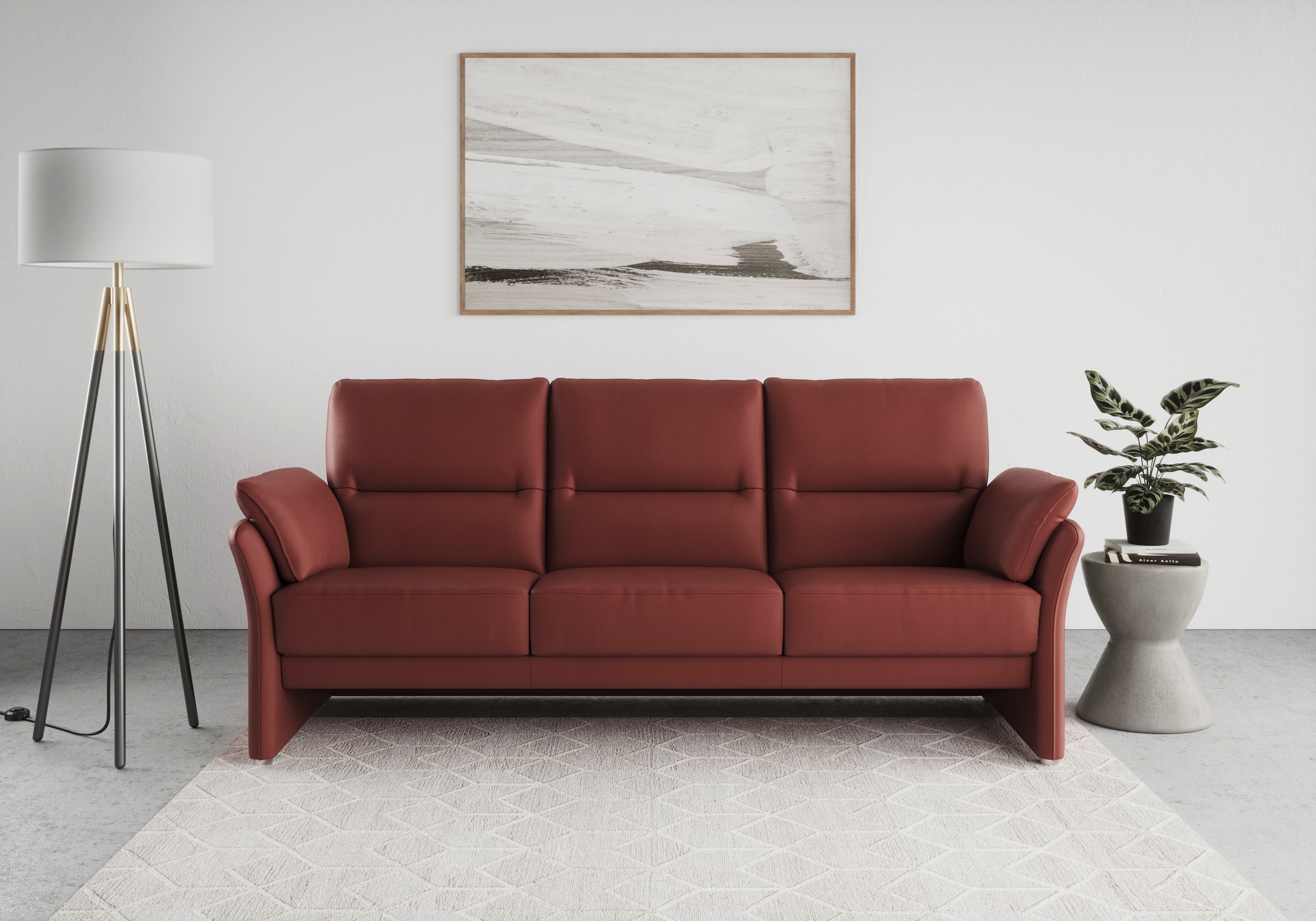 Image of DOMO collection 3-Sitzer "Pina, schmale Armlehnen, mit Federkern, kompakt & elegant" Hoher Sitzkomfort, Luxus-Microfaser Lederoptik, rot, Breite 219 cm