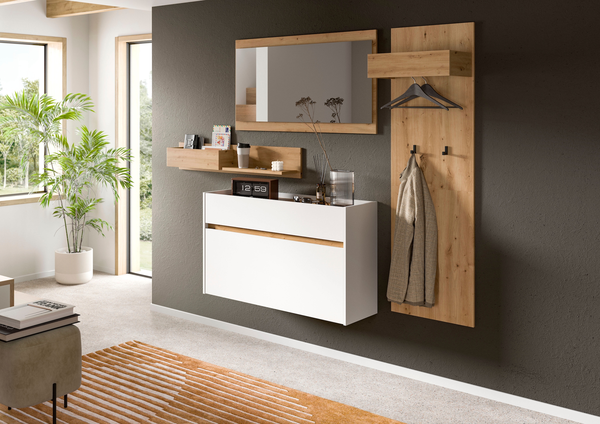 INOSIGN Ensemble de vestiaires »EVRID, 4-teilig, Breite 205 cm, individuell hängbar & erweiterbar« best. aus.: Wandboard, Kommode, Spiegel, Garderobenpaneel, 4 cuis tlg.