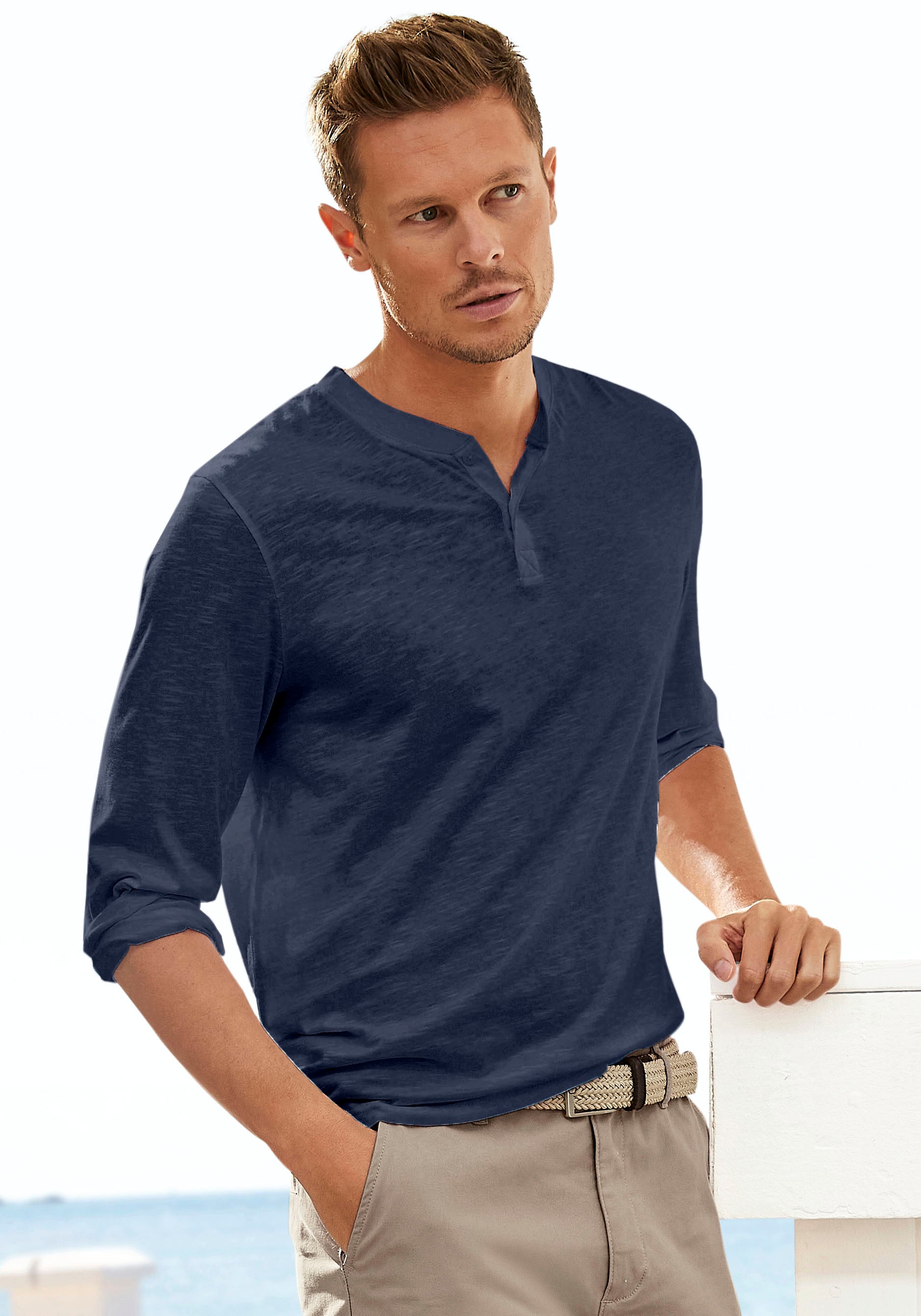 Henleyshirt, Langarm, Shirt mit Knopfleiste aus strukturierter Baumwoll-Qualität
