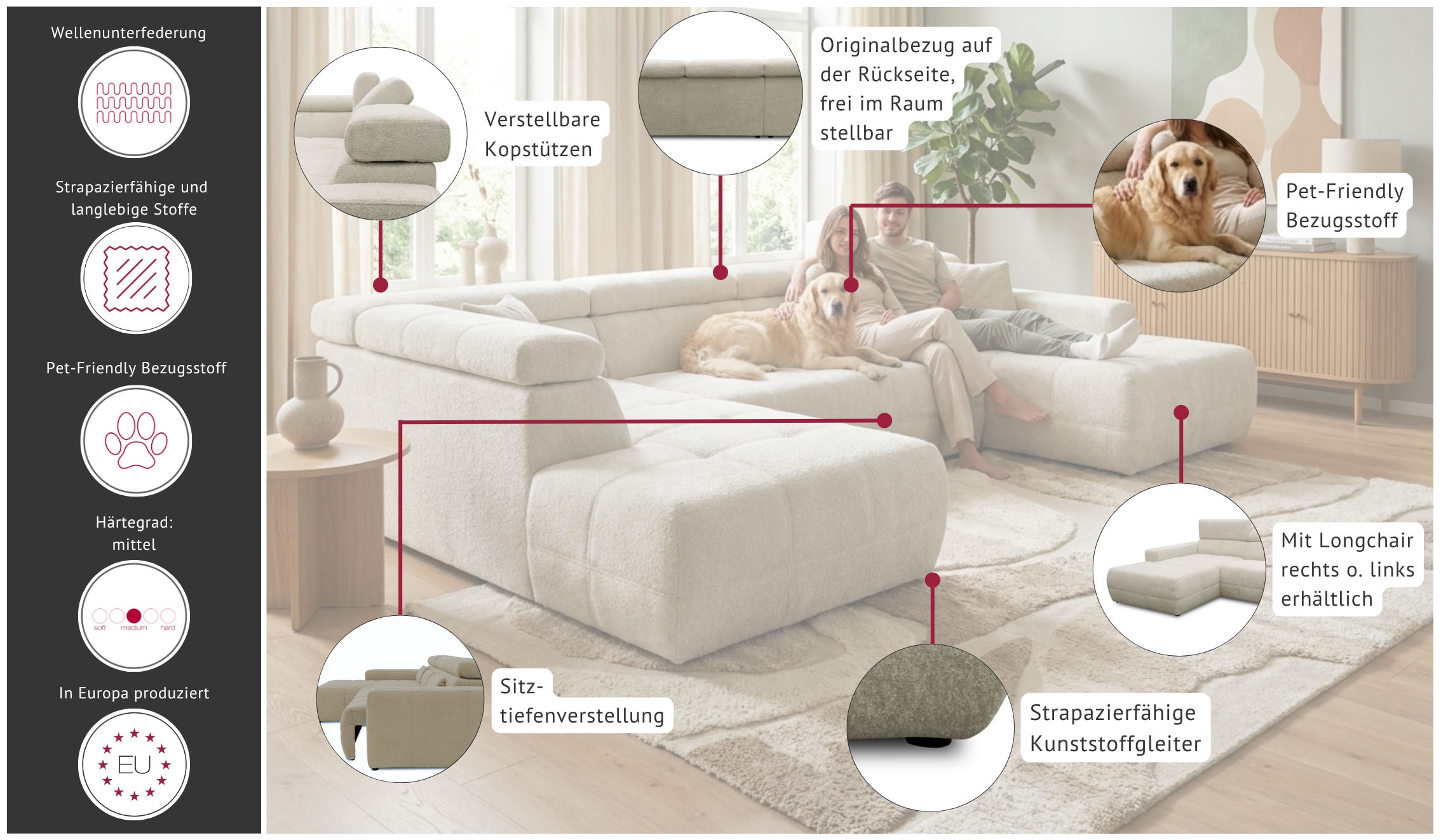 GOODproduct Wohnlandschaft »Ballerup 359 x 228 cm, auch mit verstellbarer Sitztiefe« Kopfteile verstellbar, Pet Friendly Bezug, U-Form