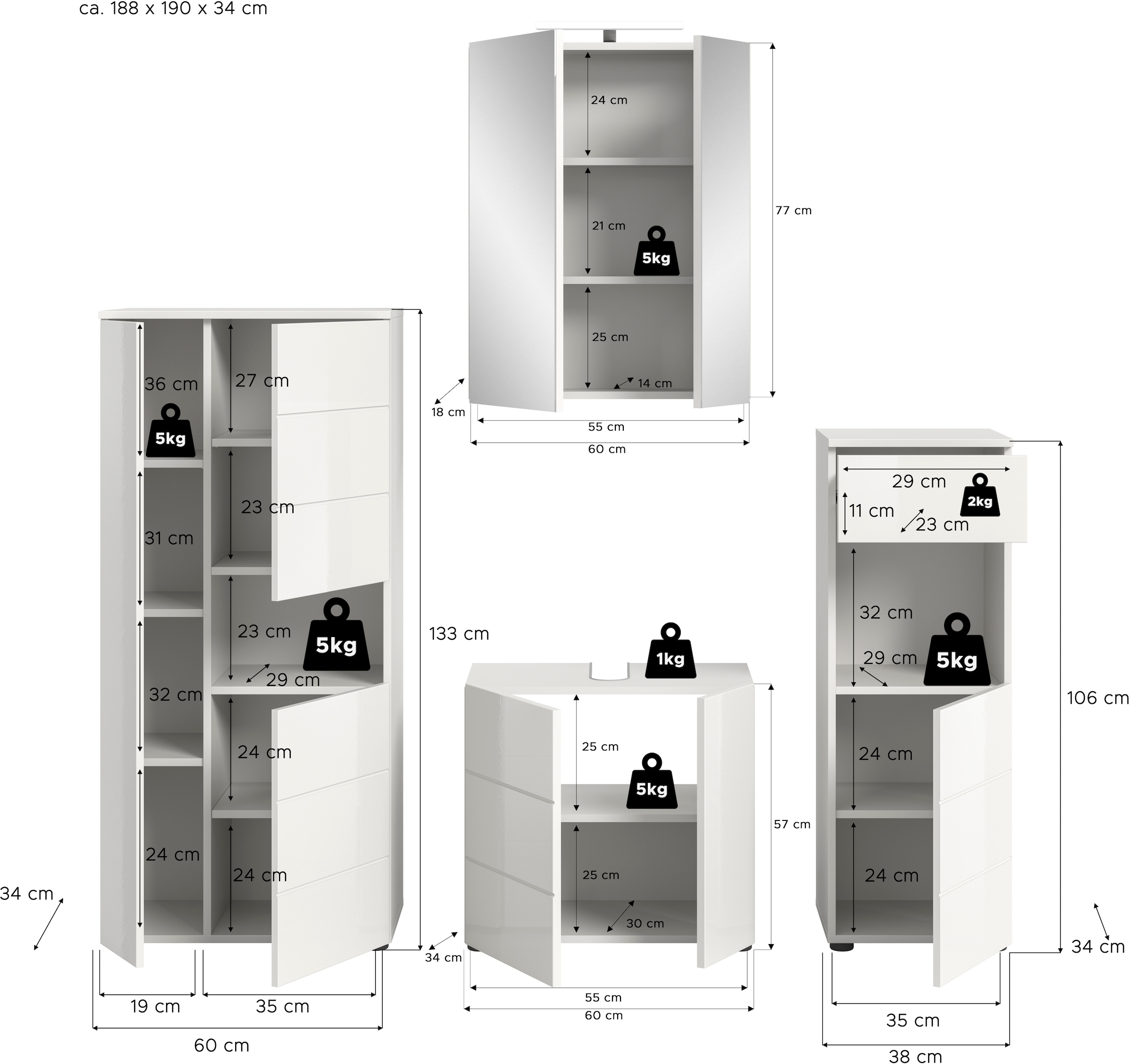 welltime Ensemble de meubles de salle de bain »Biel, Höhe 190 cm,Hochschrank,WBU, Spiegelschrank, Unterschrank, Lampe« 5 cuis tlg.
