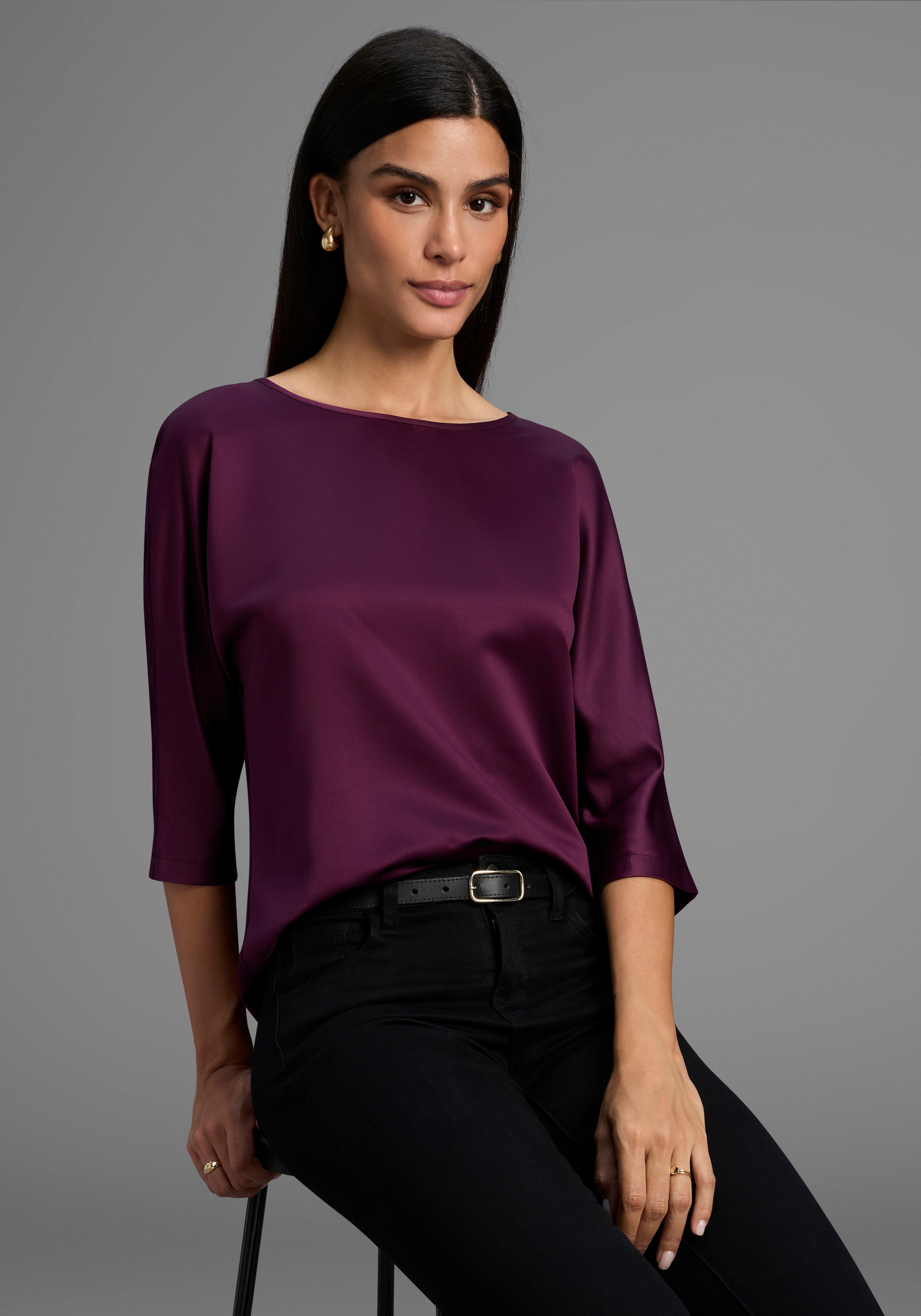 Image of Laura Scott Satinbluse mit 3/4-Ärmeln, hüftlange Schnittform, mit Rundhalsausschnitt