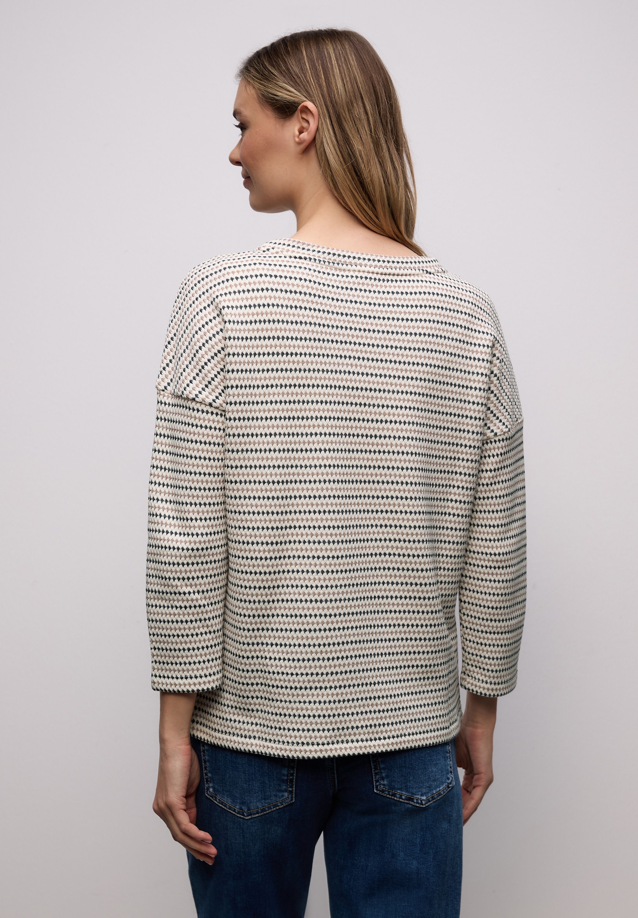 STREET ONE T-shirt à manches 3/4 mit gestreiften Strick-Look und U-Boot-Ausschnitt