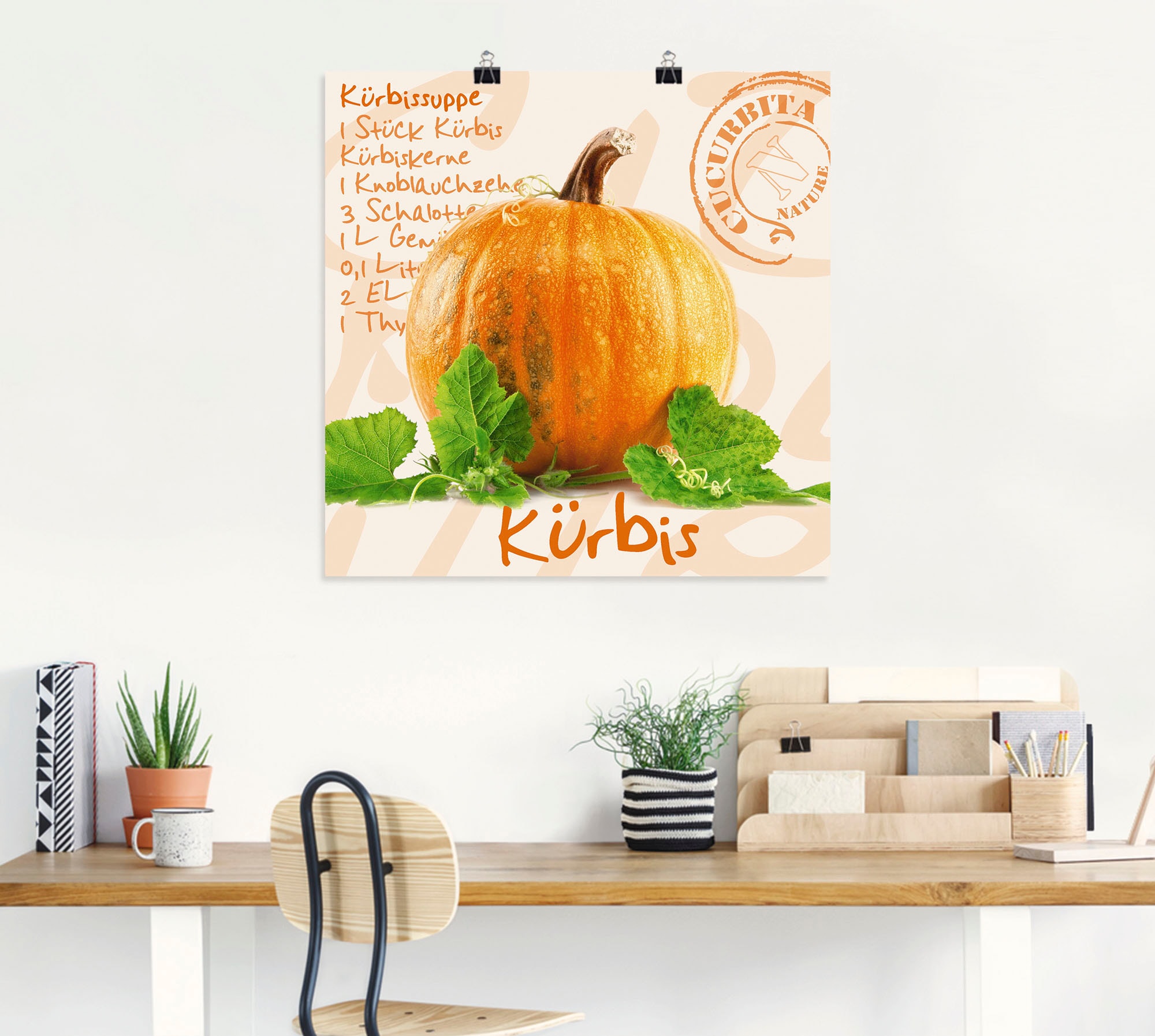 Artland Wandbild »Gelber Kürbis mit grünen Blättern«, Lebensmittel, (1 St.), als Poster, Wandaufkleber in verschied. Grössen