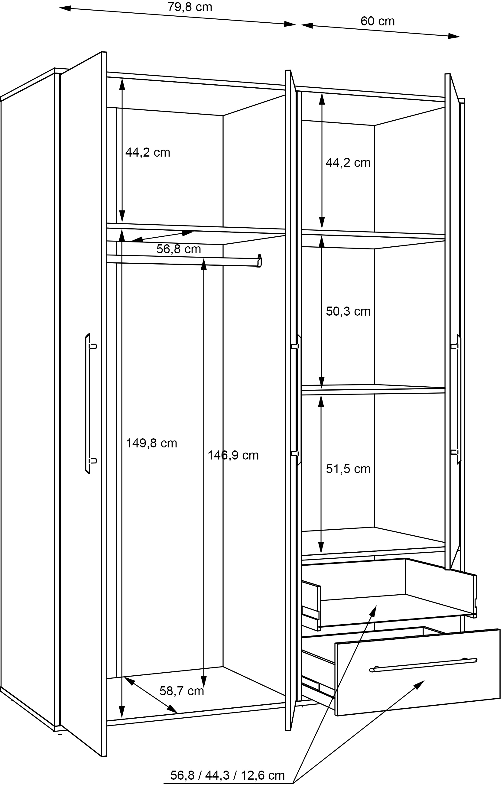 FORTE Armoires à vêtements »Mokkaris , Garderobe, zeitloses Design, 3 Türen, Made in Europe« L/H/P env. 144x200x59 cm,  Deux tiroirs, poignées barres noires, rangement, aussi en noir