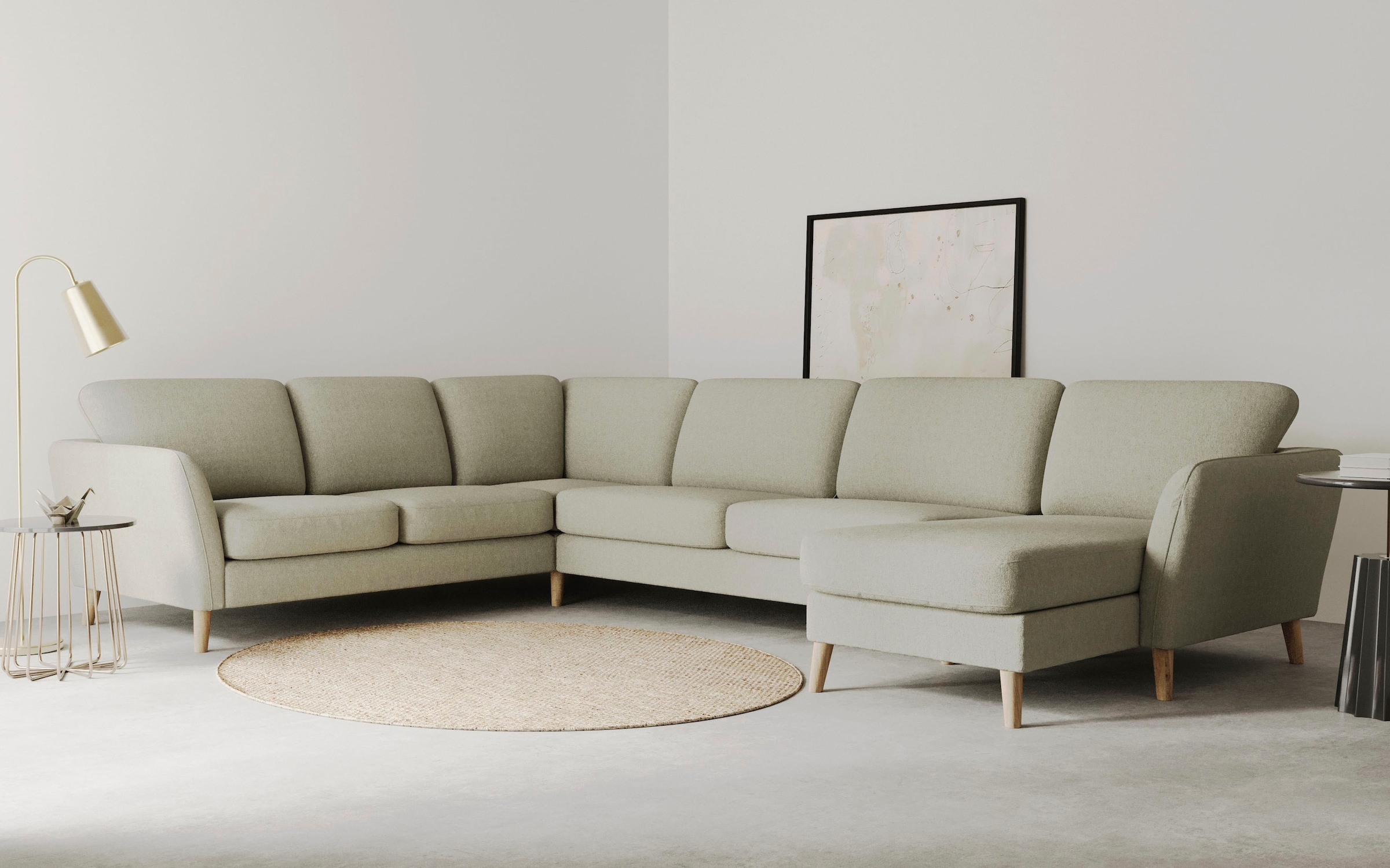 Home affaire Wohnlandschaft »MARSEILLE XXL 349cm, U-Form, Ottomane rechts/links wählbar«, Massivholzbeine aus Eiche, In verschieden Bezügen und Farbvarianten
