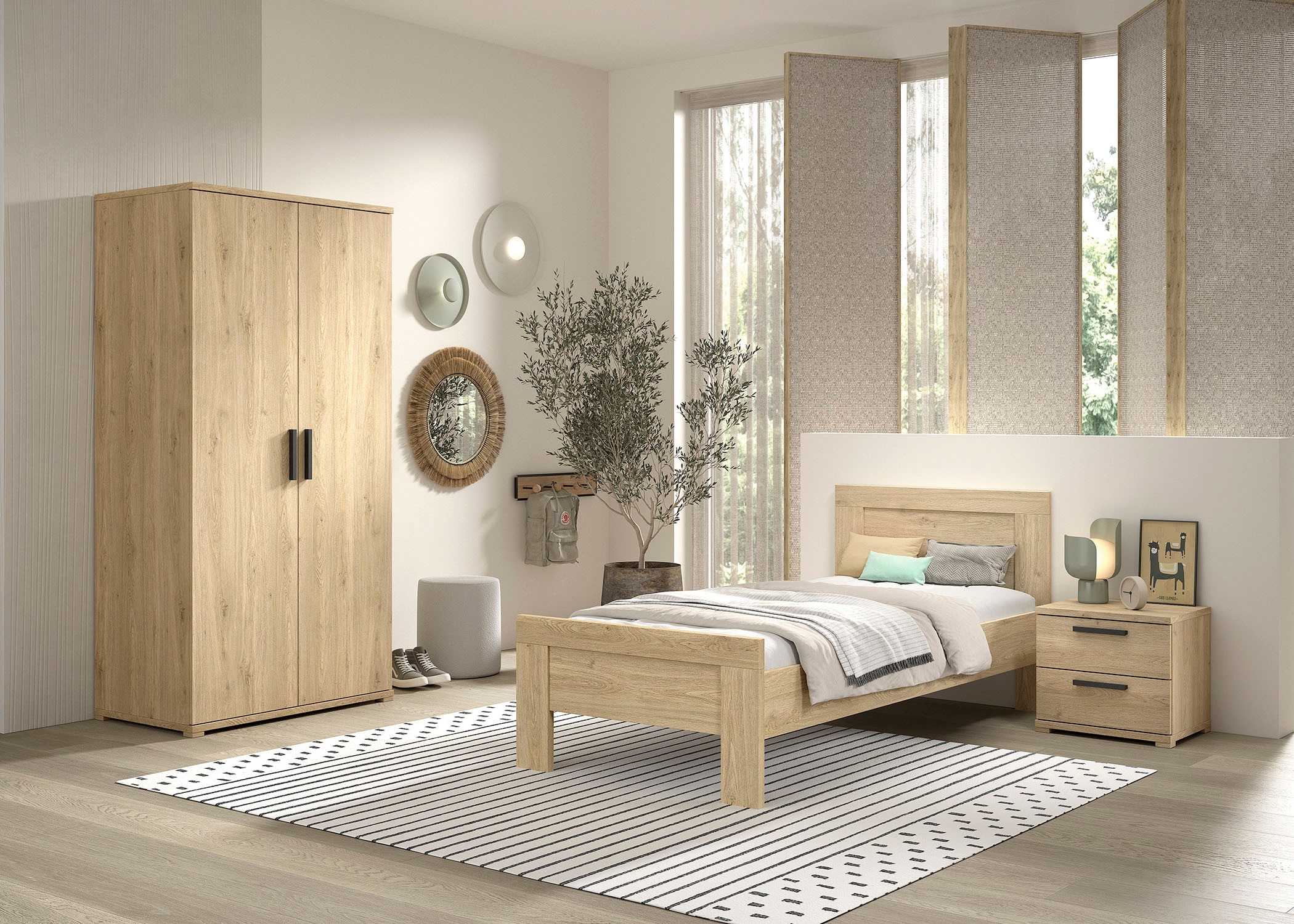 Vipack Jugendzimmer-Set »SAM - Bett, Nachtkonsole, Kleiderschrank 2-trg., gradliniges Design« Schubladen auf Metallauszug, Kleiderschrank 2-trg. mit viel Stauraum, 3 tlg. tlg.