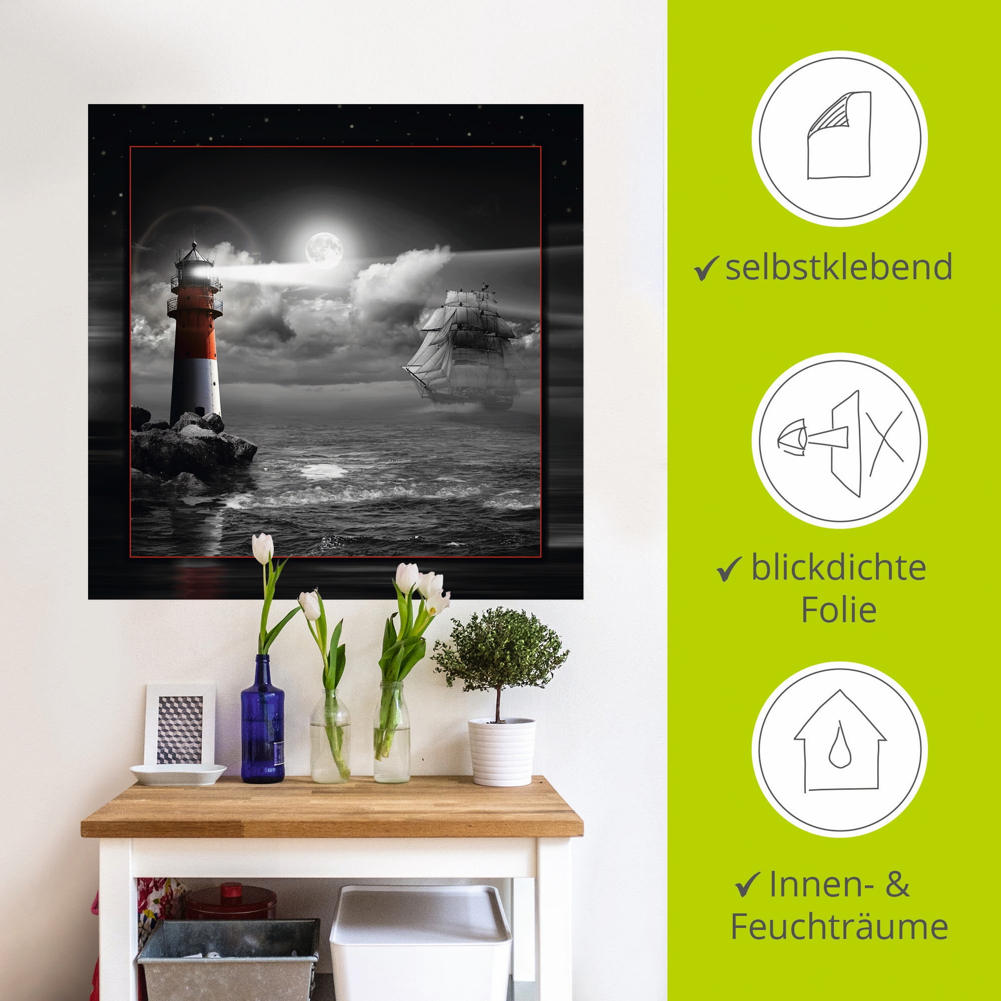 Artland Wandbild »Leuchtturm und Segelschiff im Mondschein«, Küste, (1 St.), als Leinwandbild, Poster, Wandaufkleber in verschied. Grössen