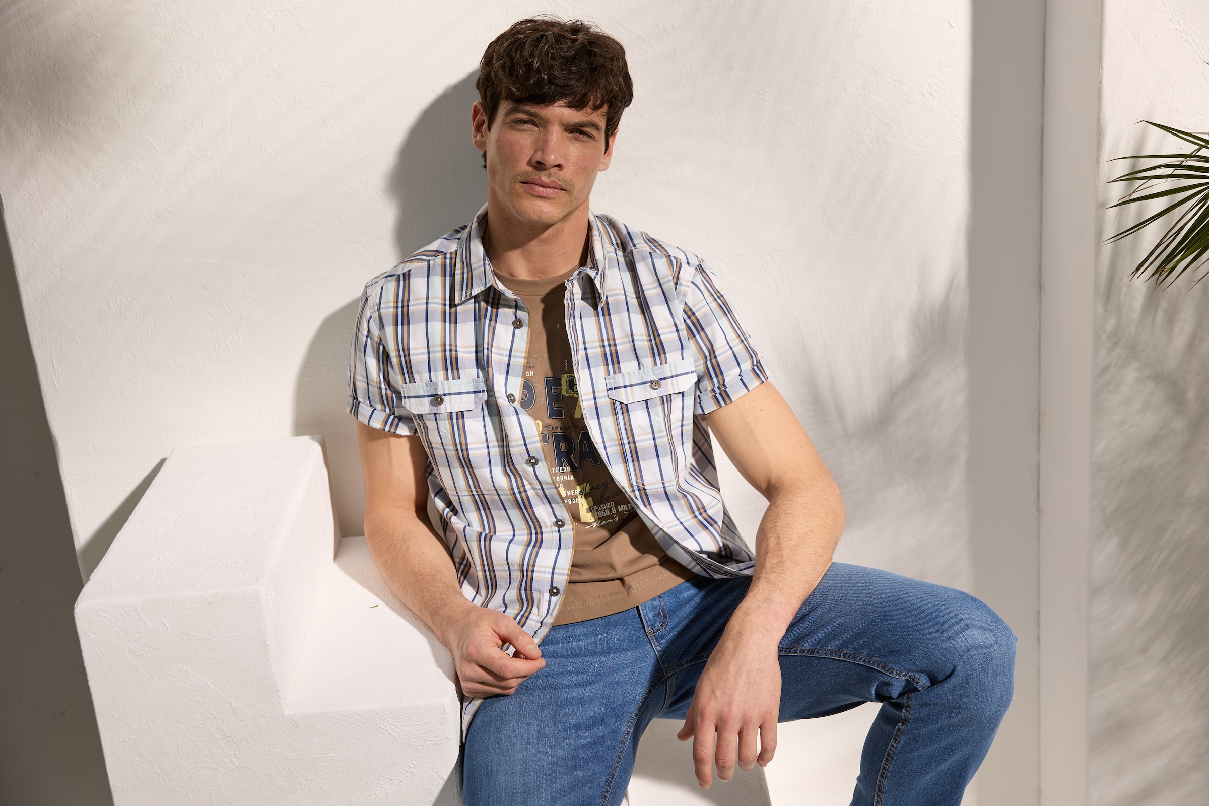 Man's World Karohemd Kurzarm, für Casualmode, Basic, Frühling und Sommer, aus Baumwolle