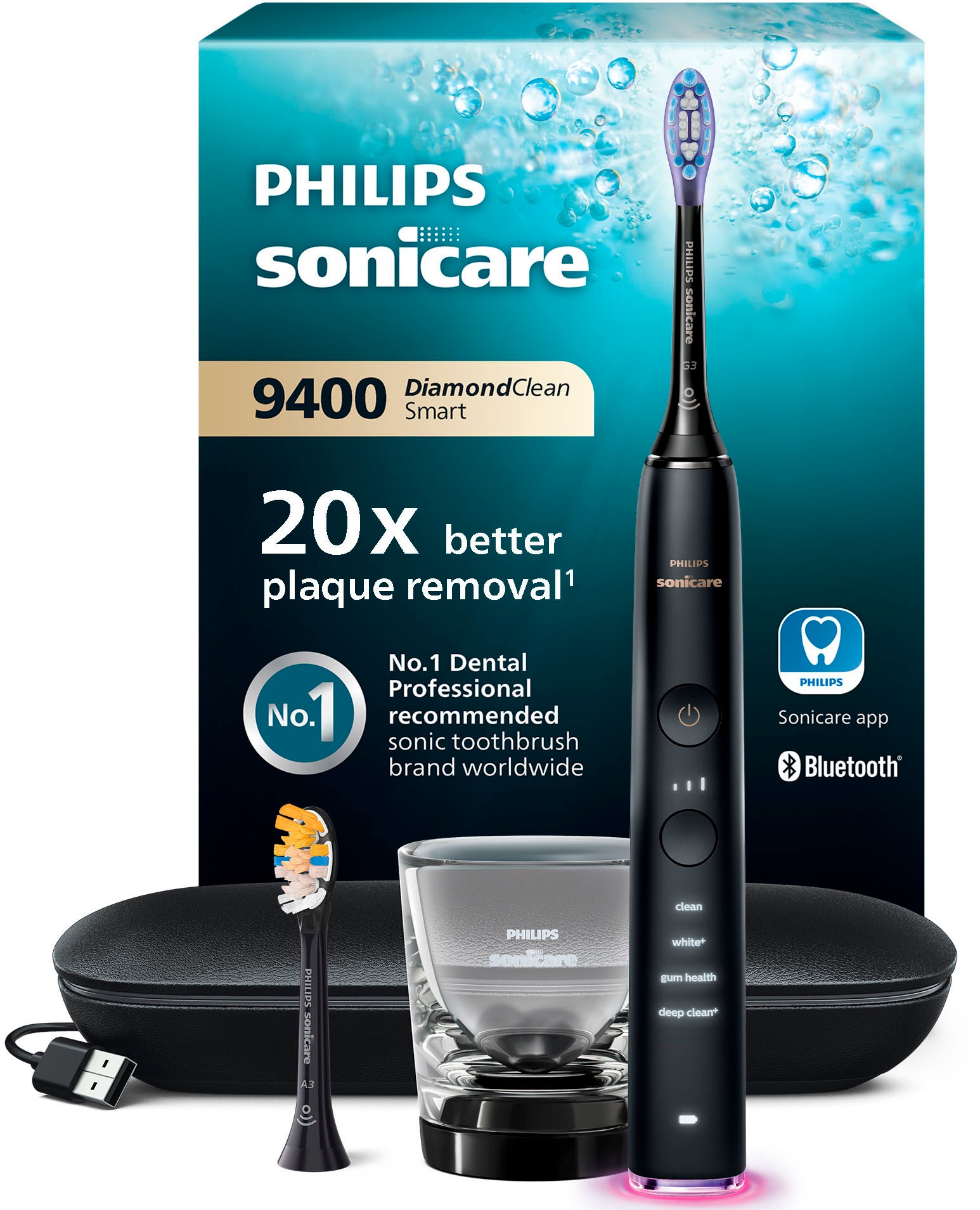 Image of Philips Sonicare Elektrische Zahnbürste "DiamondClean 9400, HX9917" 2 Stk. Aufsteckbürsten mit integriertem Drücksensor, 4 Putzprogramme und 3 Intensitätsstufen