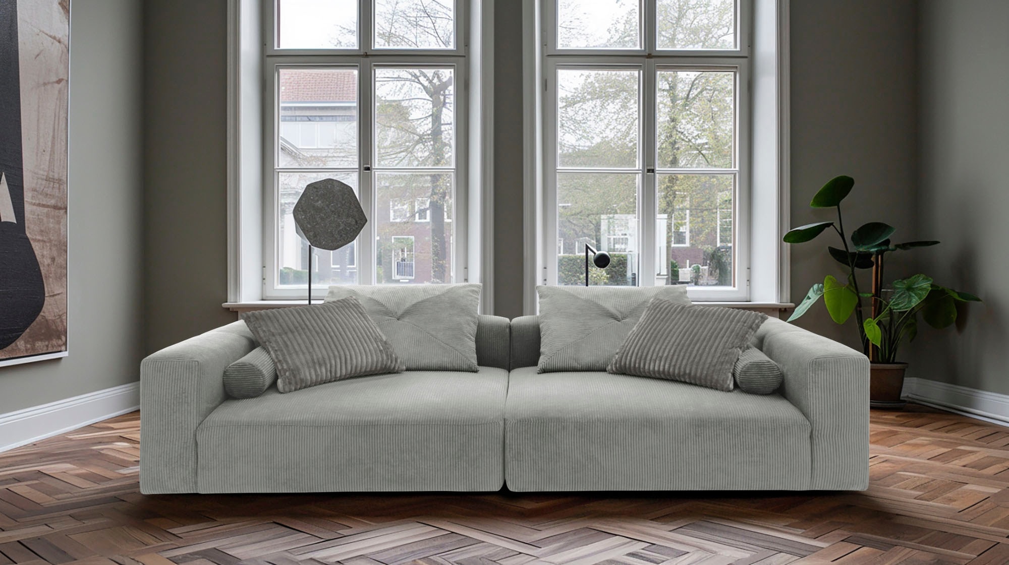 INOSIGN Big-Sofa »Suyana mit Federkern, B/T/H: 304/135/69 cm, Zierkissen + Kissenrollen«, grosszügiges, gemütliches Megasofa, viel Platz zum Relaxen, Cord-Bezug