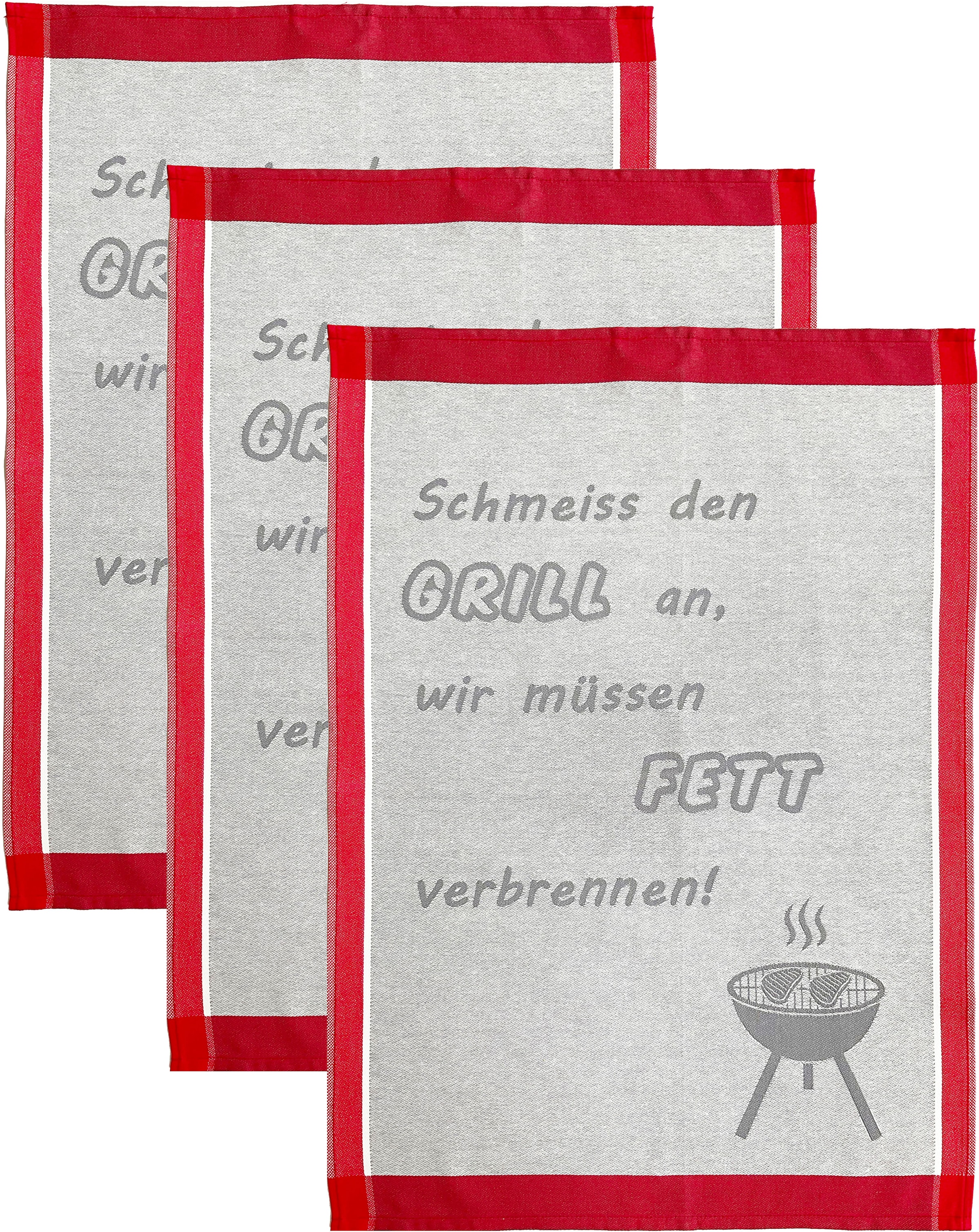 Image of ROSS Geschirrtuch "Schmeiss den Grill an, wir müssen Fett verbrennen" Sprüchetuch, aus 100% Baumwolle