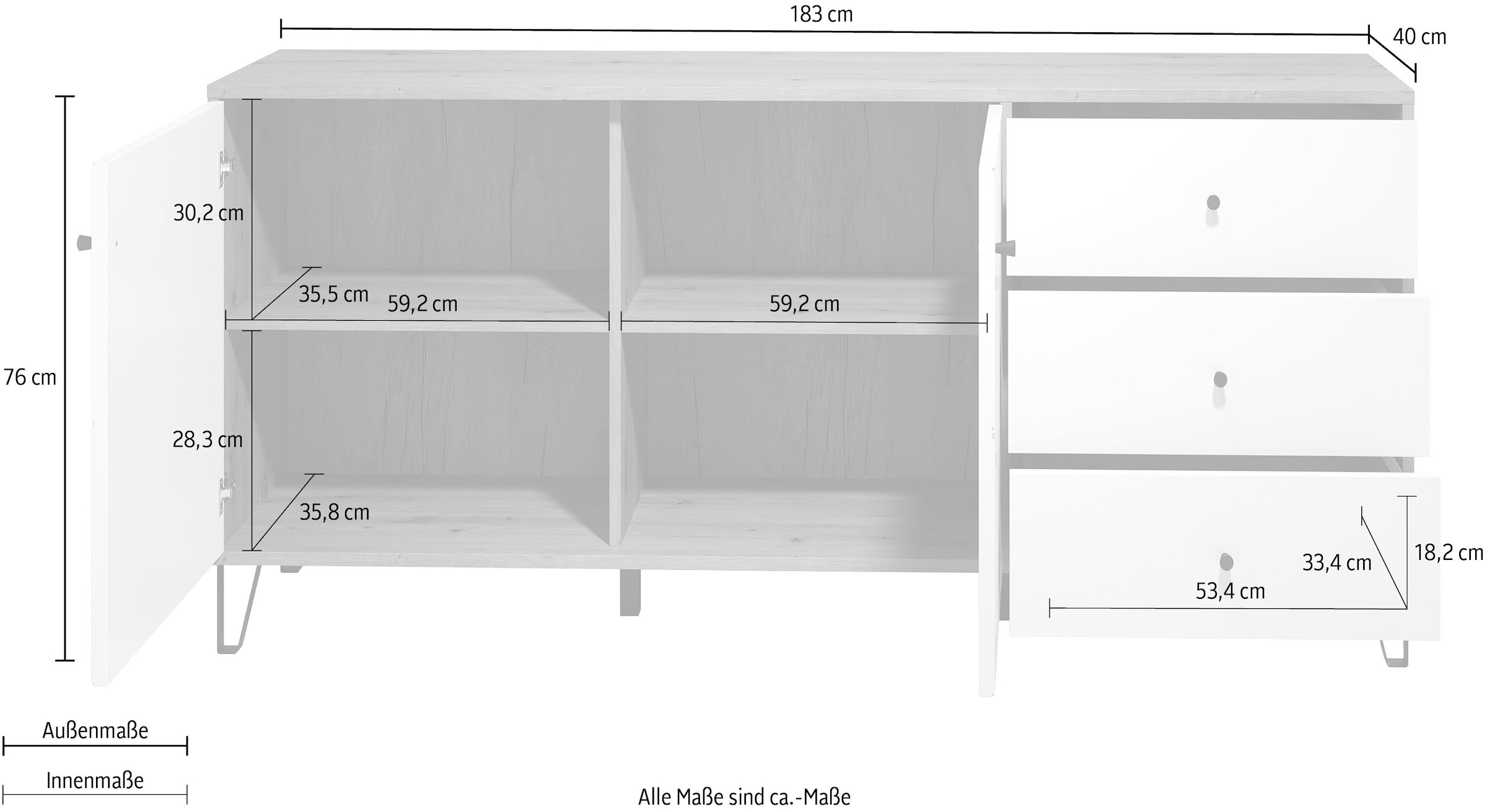 Home affaire Sideboard »Tarragona« Sideboard, 2 Türen, 3 Schubkasten & Soft-Close - (B/T/H) 183/40/76 cm