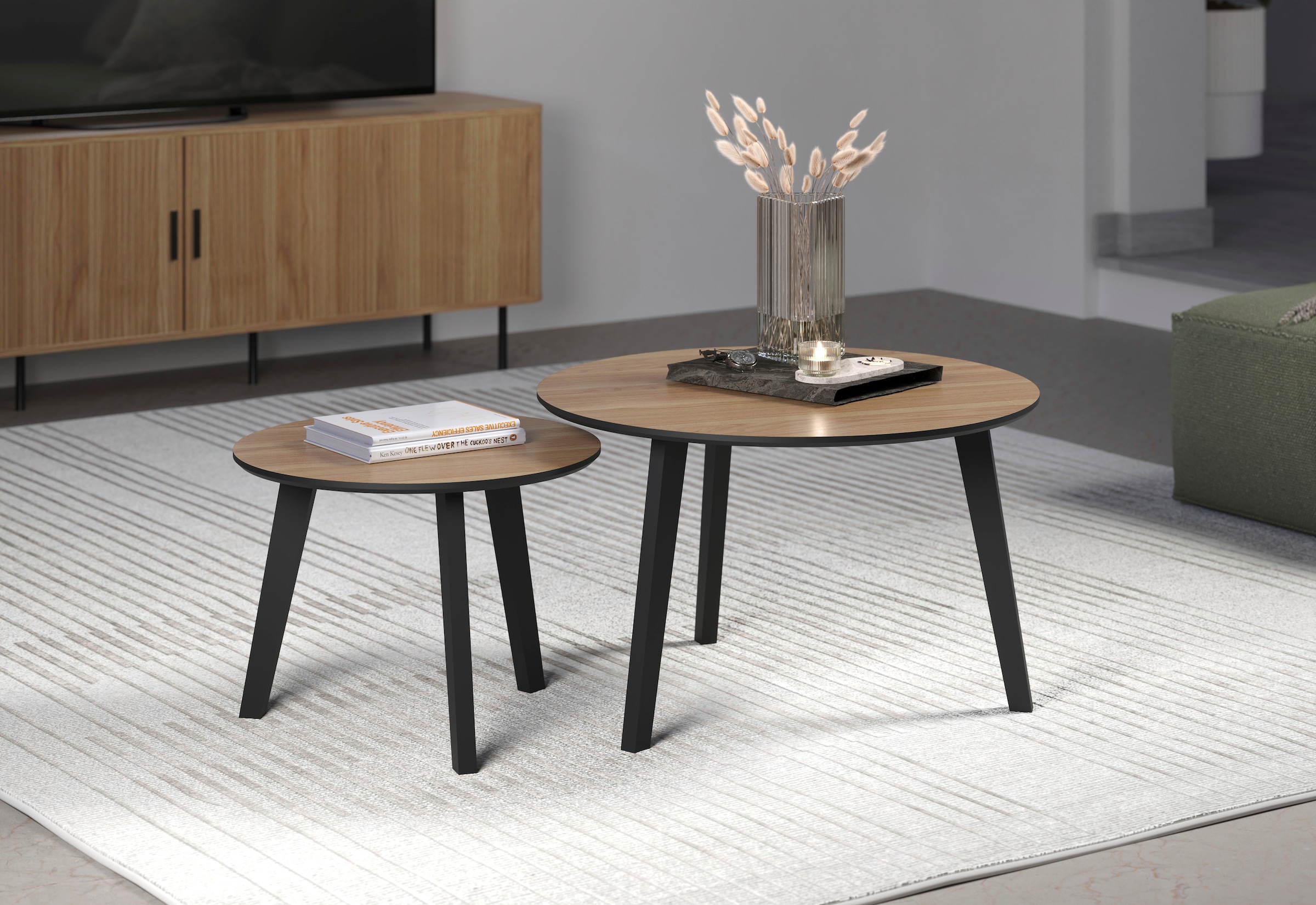Home affaire Table basse »Ronda« Ensemble, 2 cuis tlg. tables d'appoint avec pieds en bois massif - dimensions (L/P/H) 50-70/39-45/50-70 cm