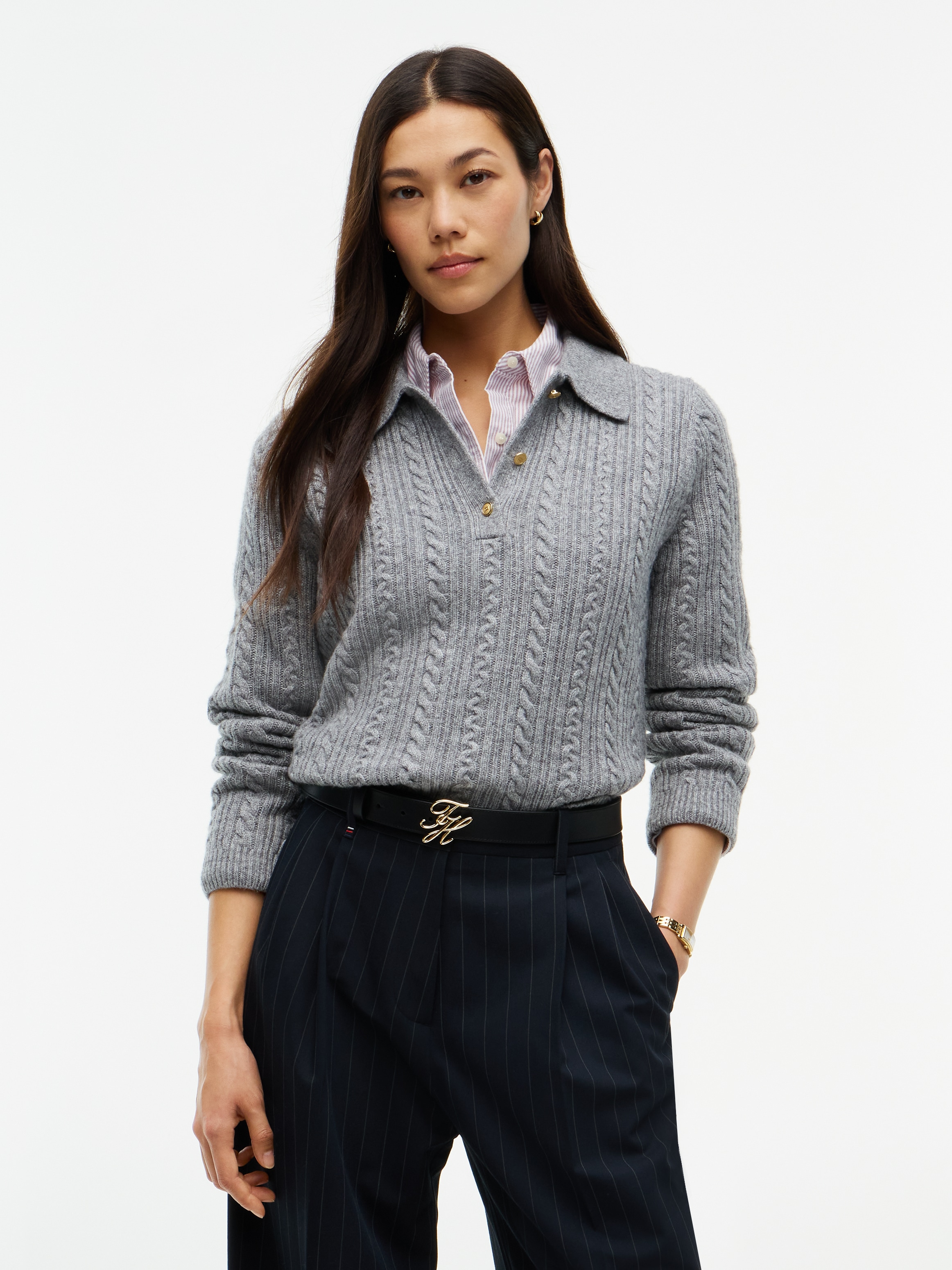 Image of Tommy Hilfiger Polokragenpullover "LS POLO CABLE SWEATER REG FIT" Materialmix mit Wolle und Seide, Zopfmuster