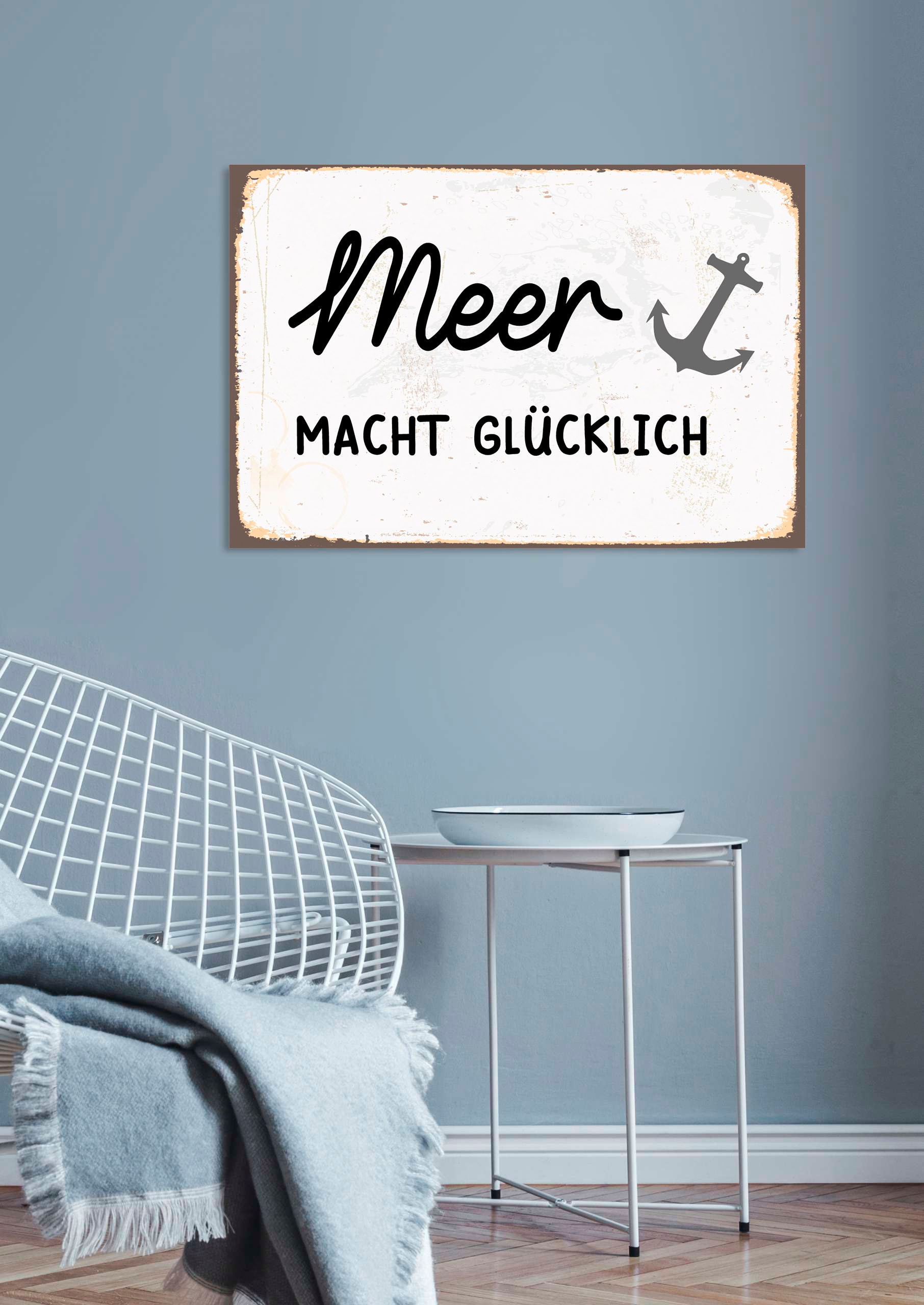 Image of queence Metallbild "Meer macht glücklich" Schriftzug Schriftzüge 1 Stk. tlg. Stahlschilder