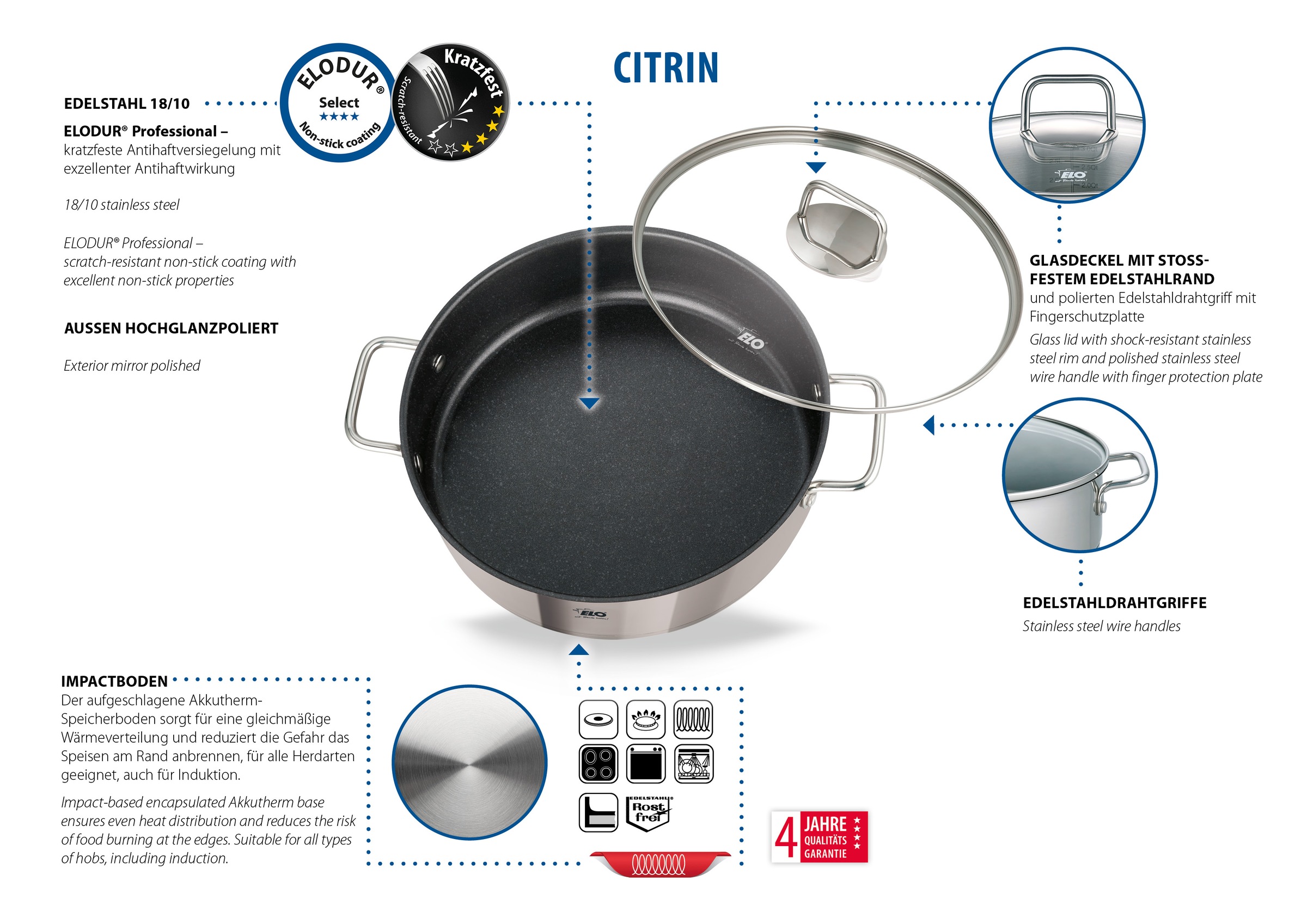 Elo Poêle de service »Citrin« Acier inoxydable 18/10 1 cuis tlg. Induction, Ø 28 cm