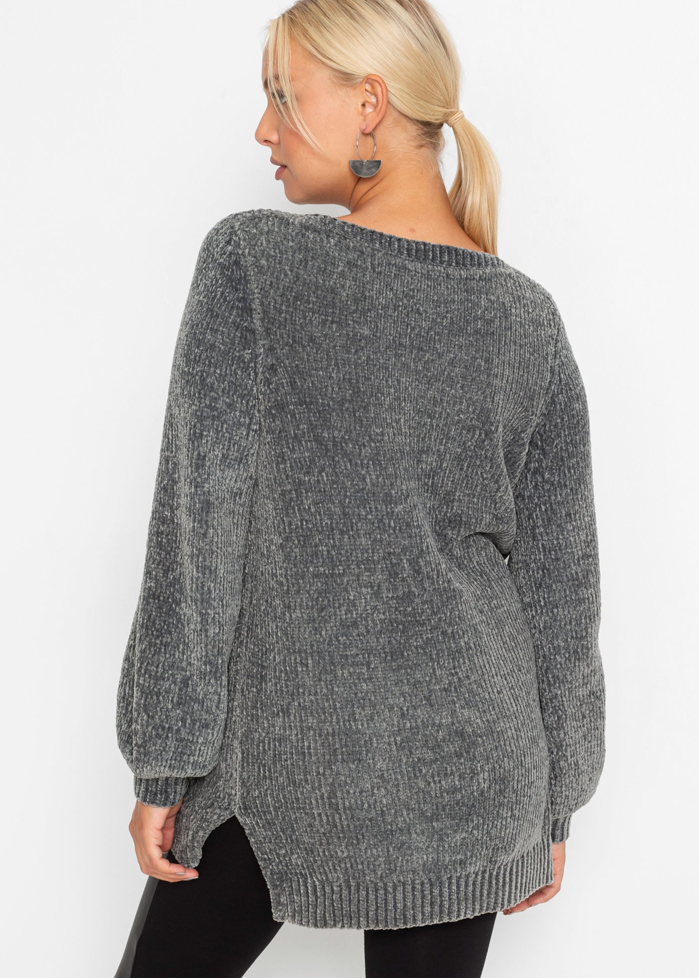 bonprix Pull long »Chenille-Longpullover« aus Chenille, mit breitem U-Boot-Ausschnitt, für kühle Tage