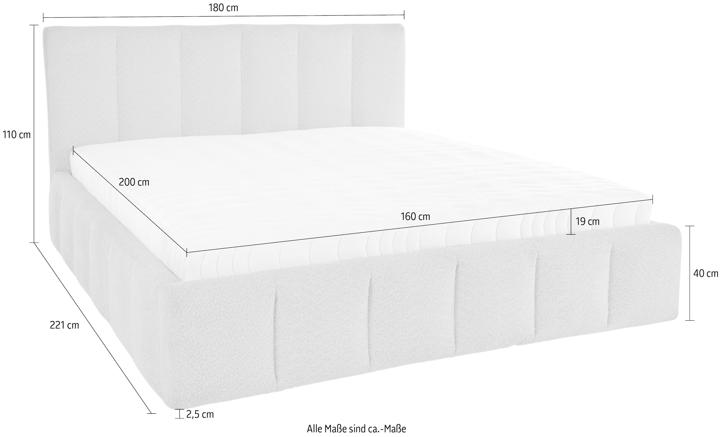 homsy by Ana Johnson Lit rembourré »Somny wahlweise mit Bettkasten, erhältlich in verschiedenen Breiten« luxurious gepolstertes Kopfteil und Rahmen, Bezug mit Bouclécharakter
