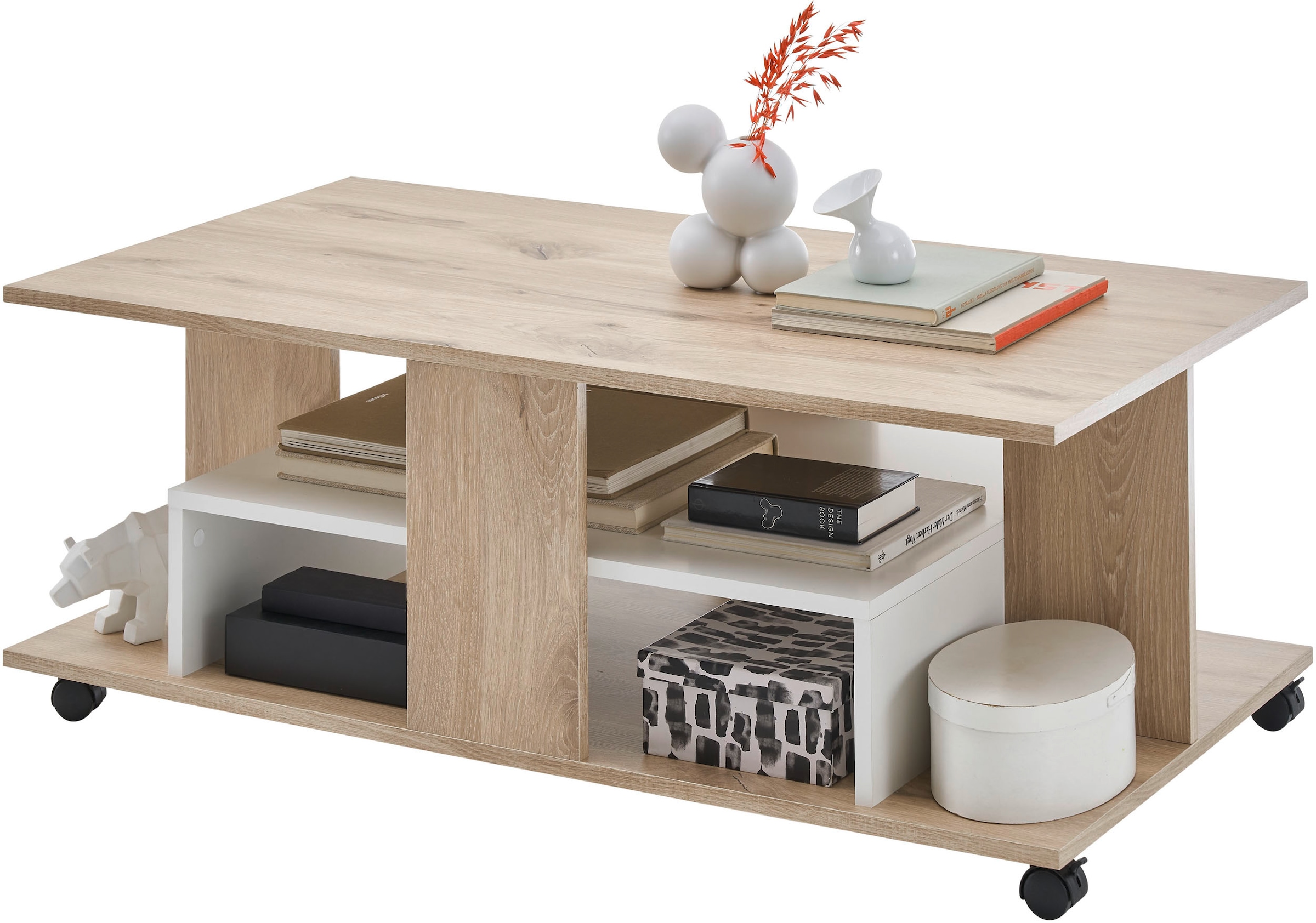 Stolkom Couchtisch »Marti rollbar mit Ablageböden, Rima Oak weiss, BxHxT 110x42,5x60 cm«, Rollbar, mehrere Ablageböden in Rima Oak weiss