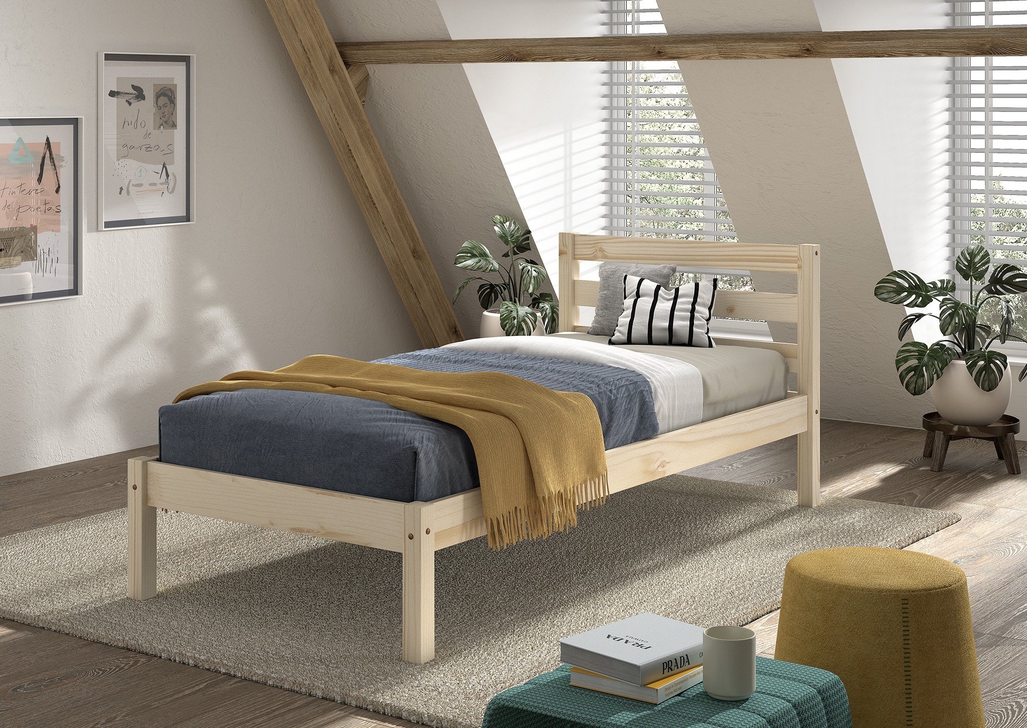 Vipack Lit en bois massif »Pino, universell einsetzbar, gradliniges Design, Made in Europe« L : 211 x H : 84,4 x P : 97,5 cm, surface de couchage 90/200 cm, construction solide,  pin massif, disponible en naturel ou laqué blanc au choix