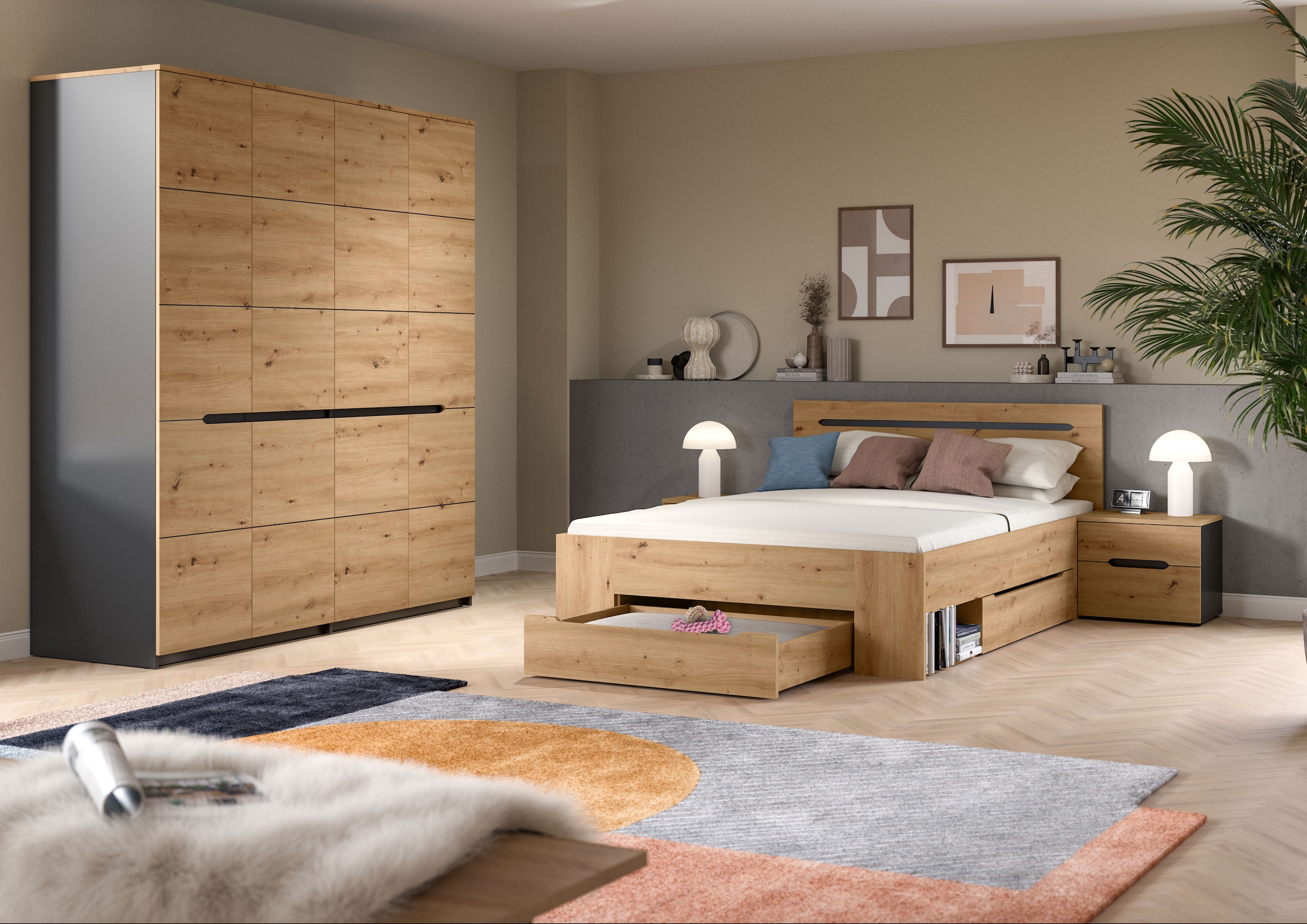 Home affaire Schlafzimmer-Set »REHAT, 4-teilig, best. aus: Bett, Kleiderschrank & 2x Nachtkommode« TOPSELLER!, für Matratzengrösse 140x200 cm, viel Stauraum, 