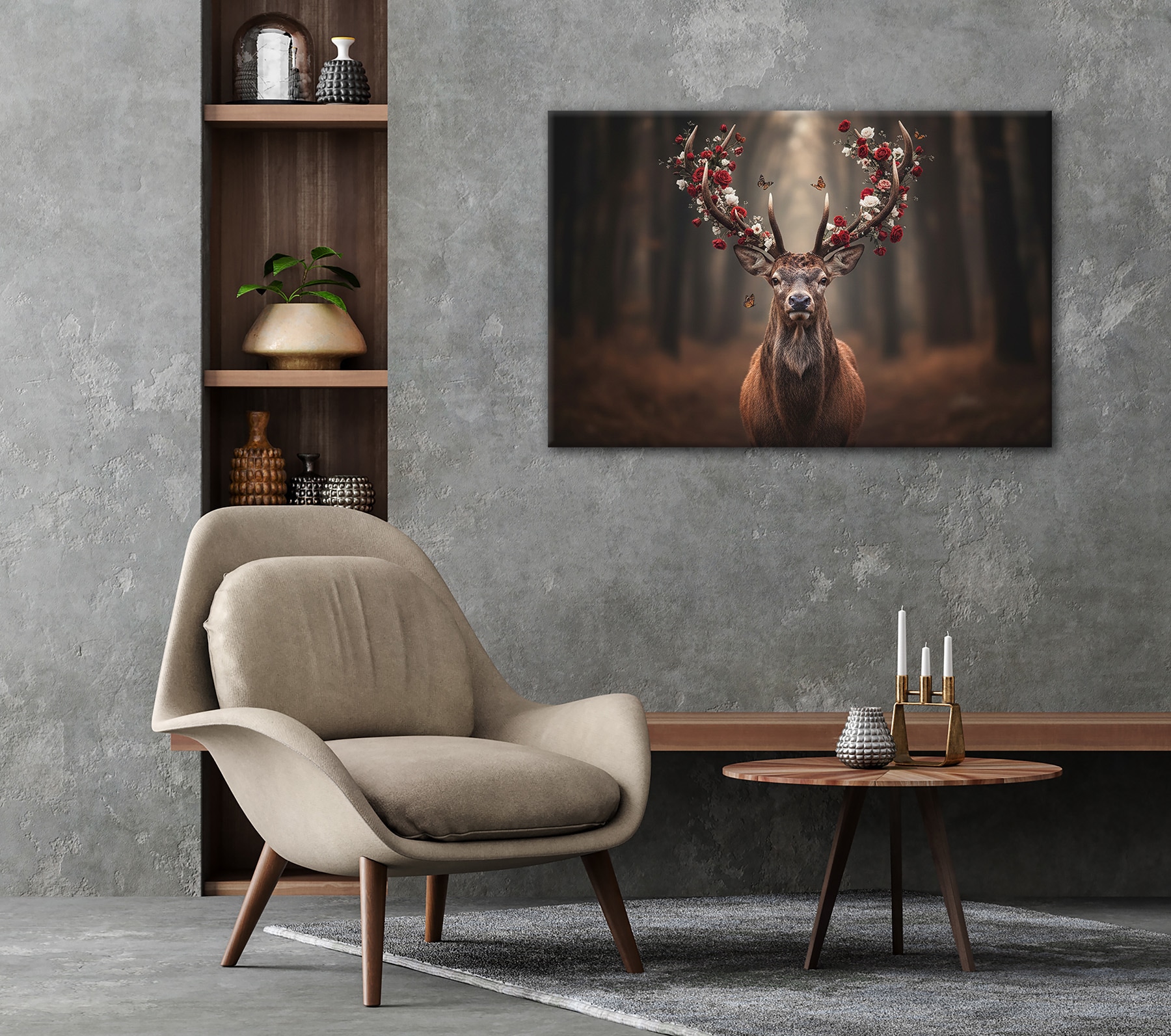 Bönninghoff Bild »Wandbild HIRSCH MIT BLUMEN 60x90 cm – Leinwandbild Keilrahmen Deko« Blumen | Hirsch | Wald auf Keilrahmen gespannt