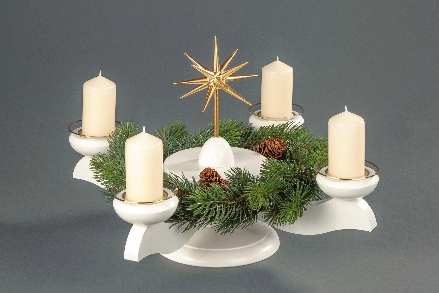 Image of Albin Preissler Adventsleuchter "mit Weihnachtsstern und Tannenkranz, Handwerkskunst aus dem Erzgebirge" Ø 29 cm, Weihnachtsdeko aus Holz