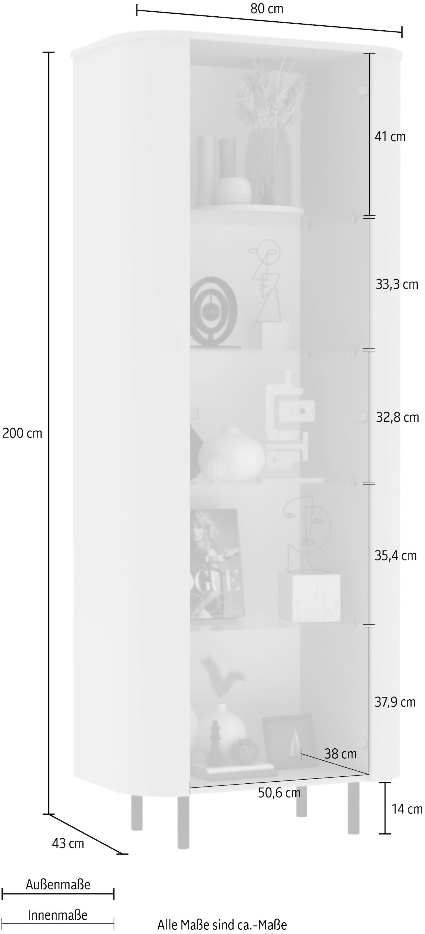 INOSIGN Vitrine »Lido, Standvitrine 200 cm hoch, 1 Tür, Glasvitrine, Vitrinenschrank« Gebogenes MDF, Stirnseiten mit Rundung, Metallfüsse, dekorativ & edel