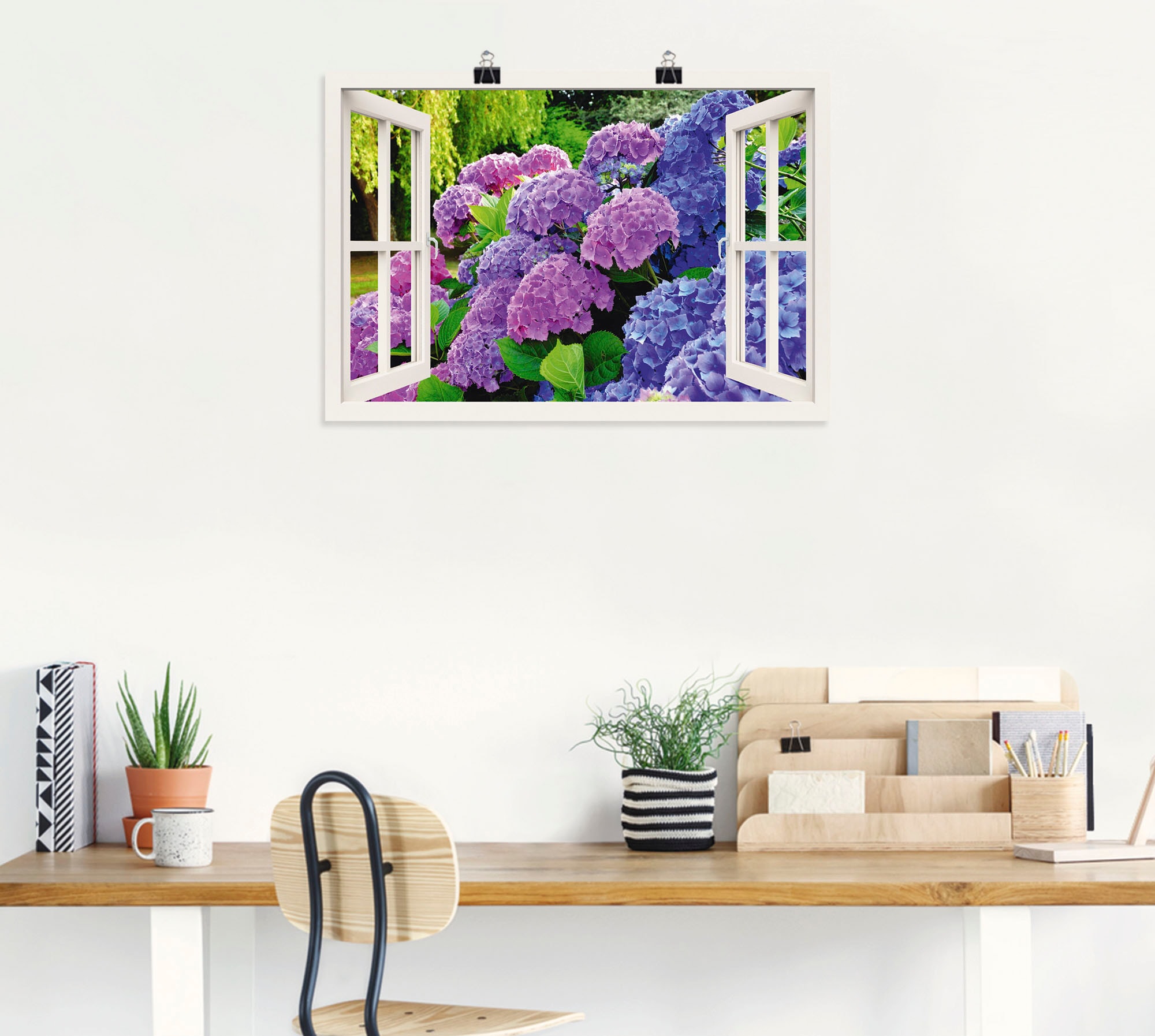 Artland Wandbild »Fensterblick Hortensien im Garten«, Blumen, (1 St.), als Leinwandbild, Poster in verschied. Grössen