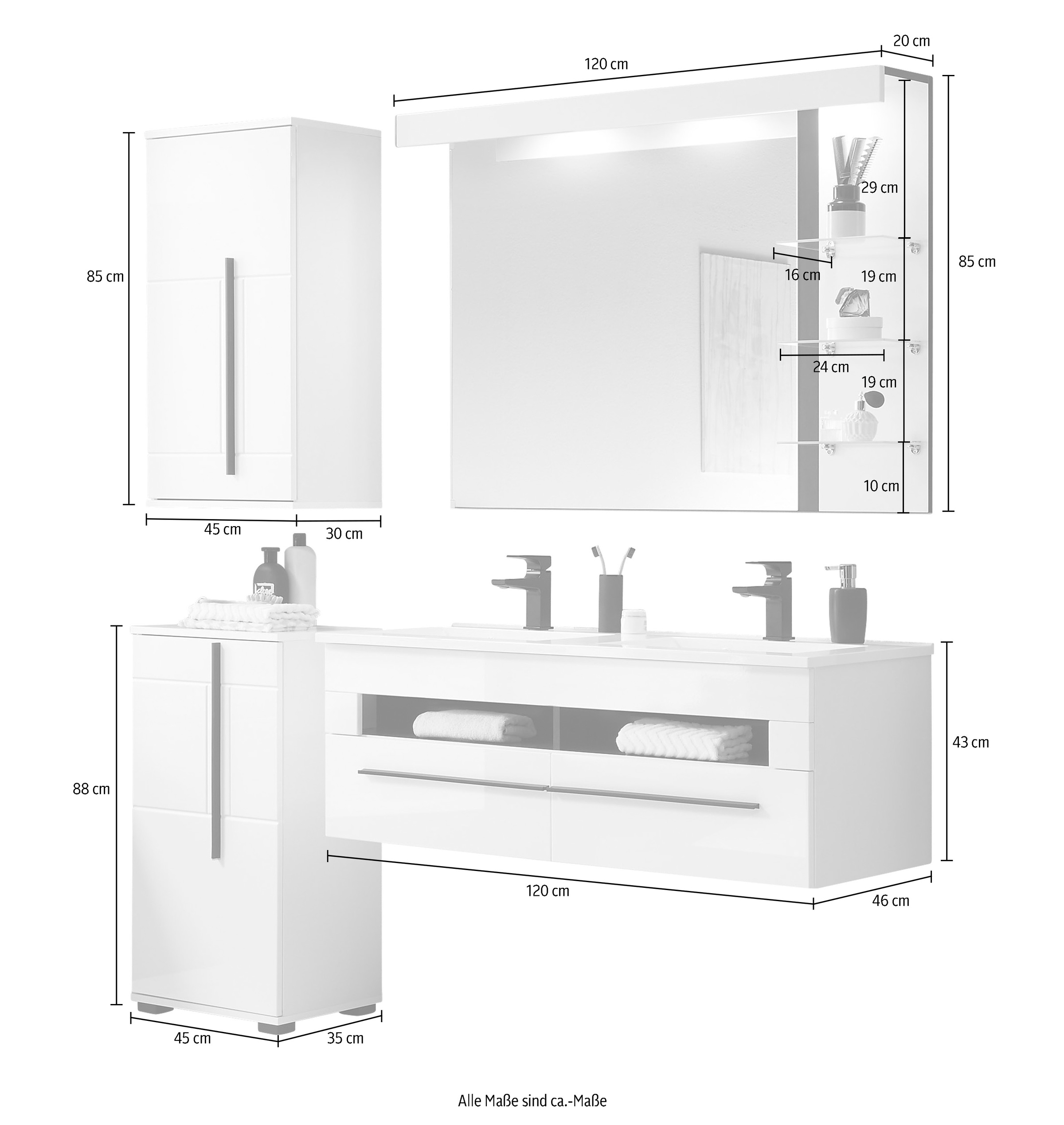 INOSIGN Badmöbel-Set »Cantara, Bad im modernen Design, 4-teiliges Badezimmer«, (Set, 4 St.), Waschtisch, Schrank, Hängeschrank und Spiegel, in Weiss Hochglanz