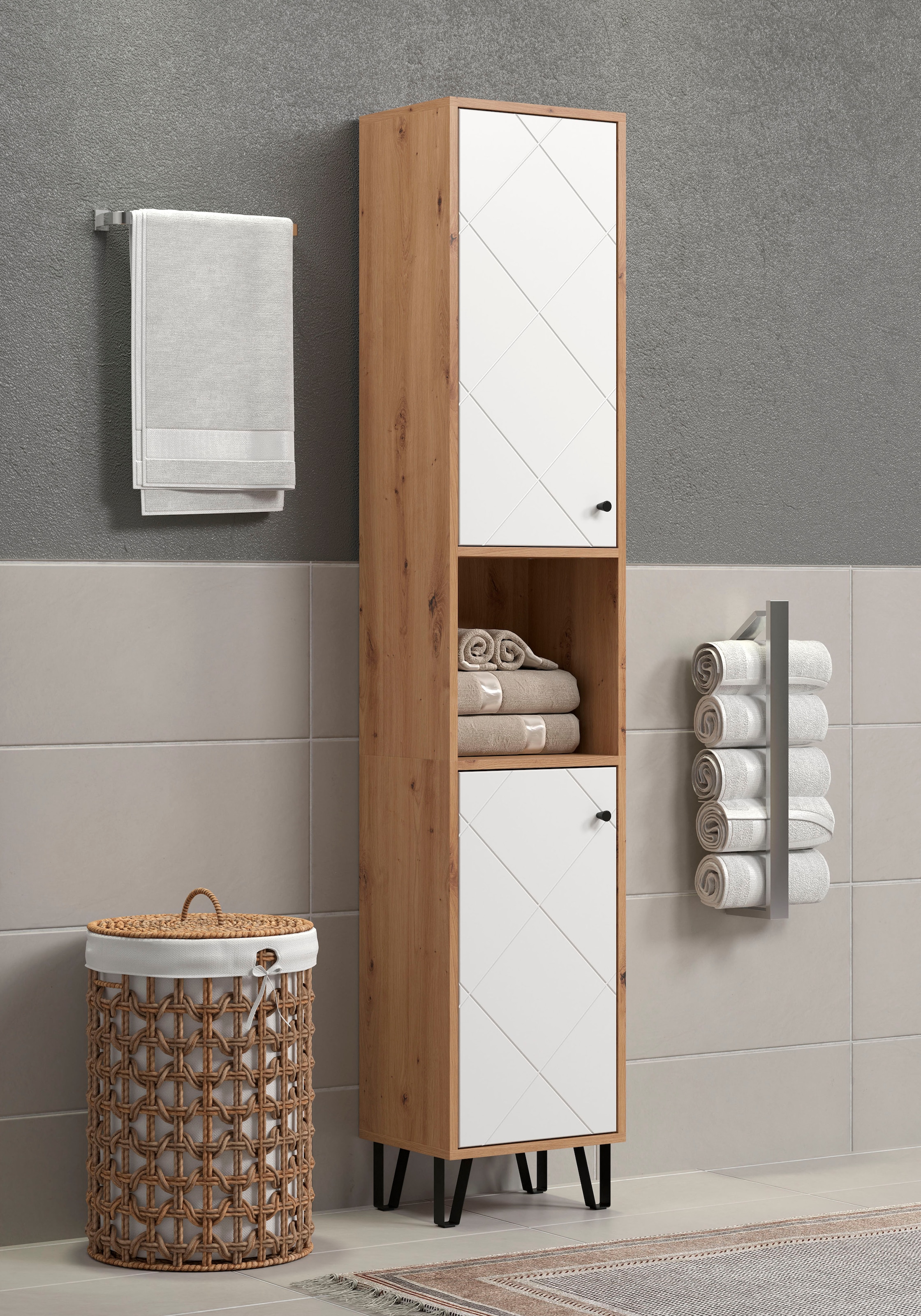Places of Style Hochschrank »Tarragona«, (1 St.), Breite 36 cm, 2 Türen, Retro Metallfüsse, matt, braune Holzoptik / weiss