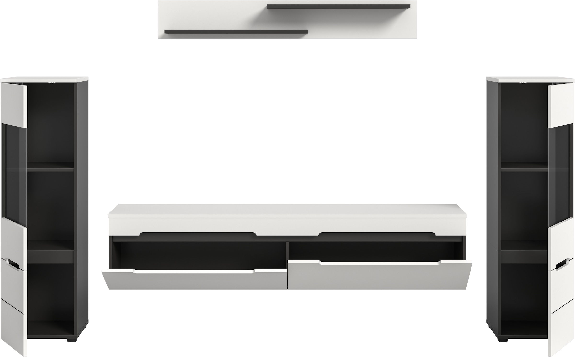 Home affaire Wohnwand »REHAT, TOPSELLER!, 4-teilig, wahlweise stehend und hängend montierbar« Set bestehend aus: 2x Vitrine, Lowboard und Wandboard, 3 Stk. tlg.