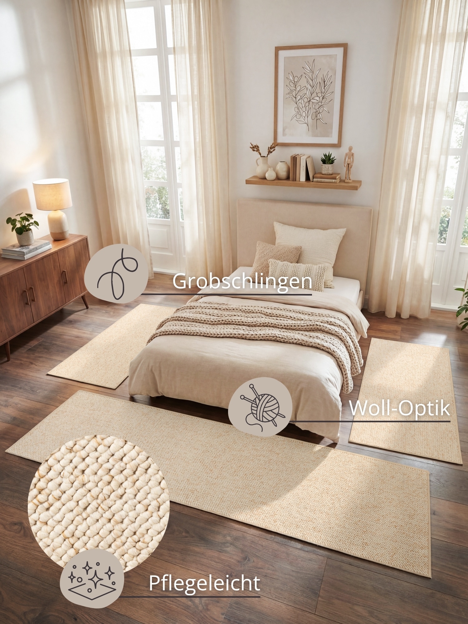 HANSE Home Bettumrandung »Wolly 2« Höhe 12 mm 3 Stk. tlg. Bettvorleger, 3-teiliger Läufer Set, Unifarben, Kurzflor, Bettläufer