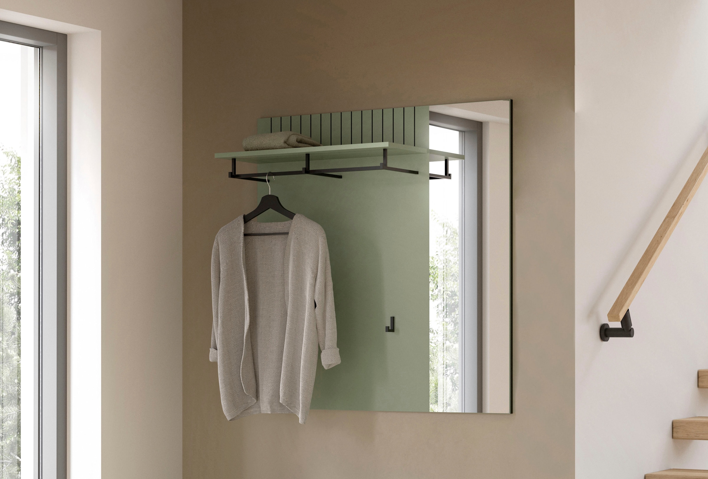 Home affaire Garderobenpaneel »TATIO, Rillenfräsung, 1 Spiegel, 1 Ablageboden, 2 Haken, Kleiderstange« 1 Stk. tlg. Garderobenpaneel mit Spiegel, Garderobe, Flur, Diele