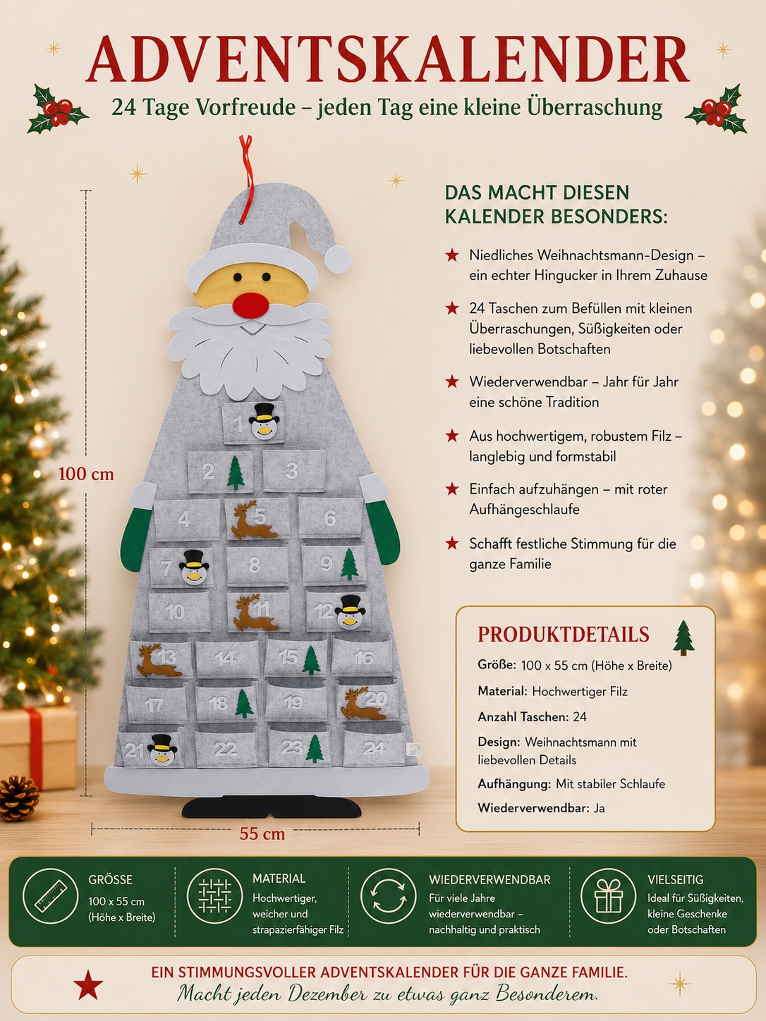 GOODproduct Adventskalender »Weihnachtsmann aus Filz mit 24 unbefüllten Taschen« Es liegt keine Altersempfehlung vor ca. 100x55cm, zum Hängen an Tür oder Wand, wiederverwendbar