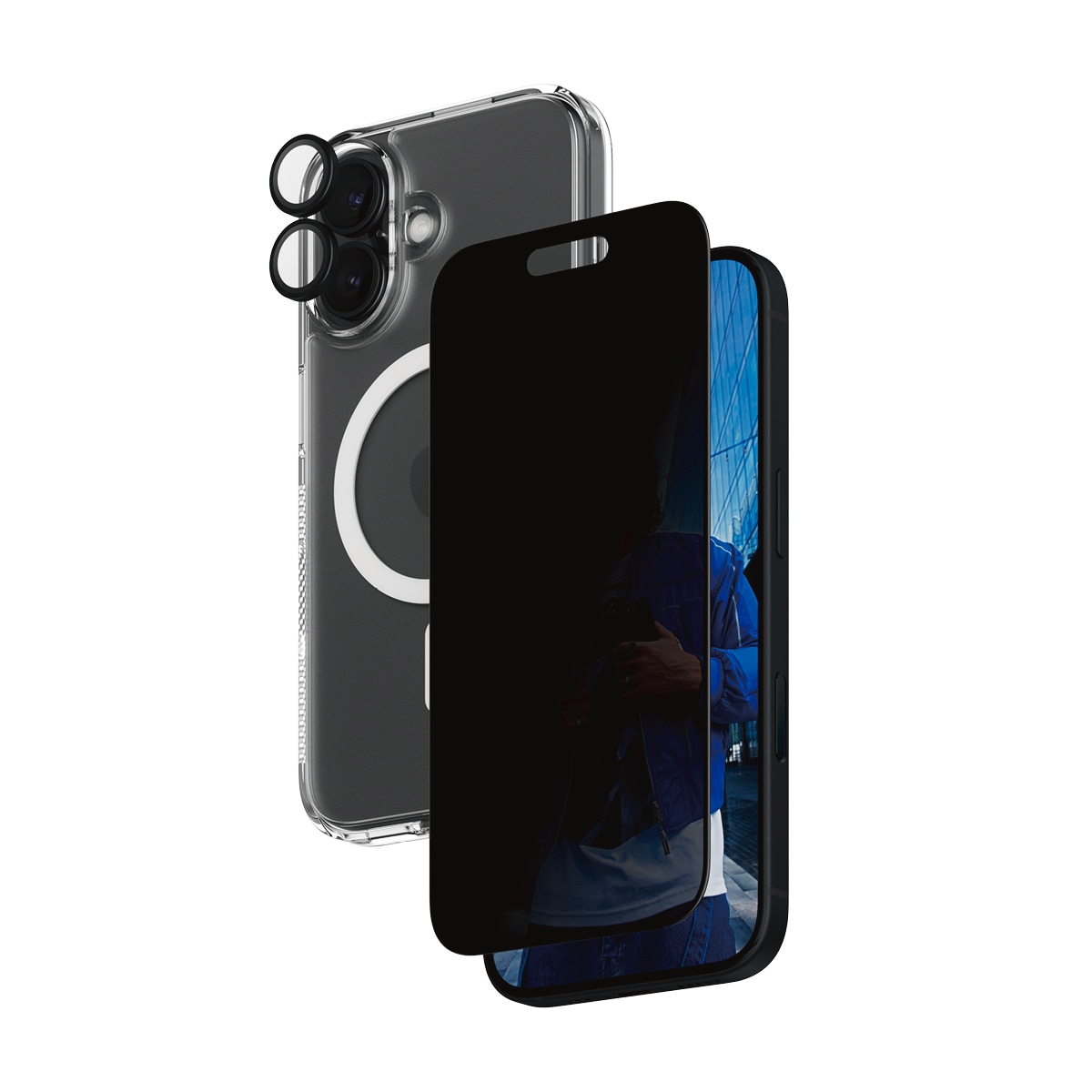 PanzerGlass Displayschutzglas »3-in-1 Privacy Protection«, für Apple iPhone 16, (Set, 3 St., bestehend aus Ultra-Wide Fit Privacy Glass, Hoops, Case), Displayschutzfolie, Set, Kameraglas, Cover, MagSafe, kratz- & stossfest