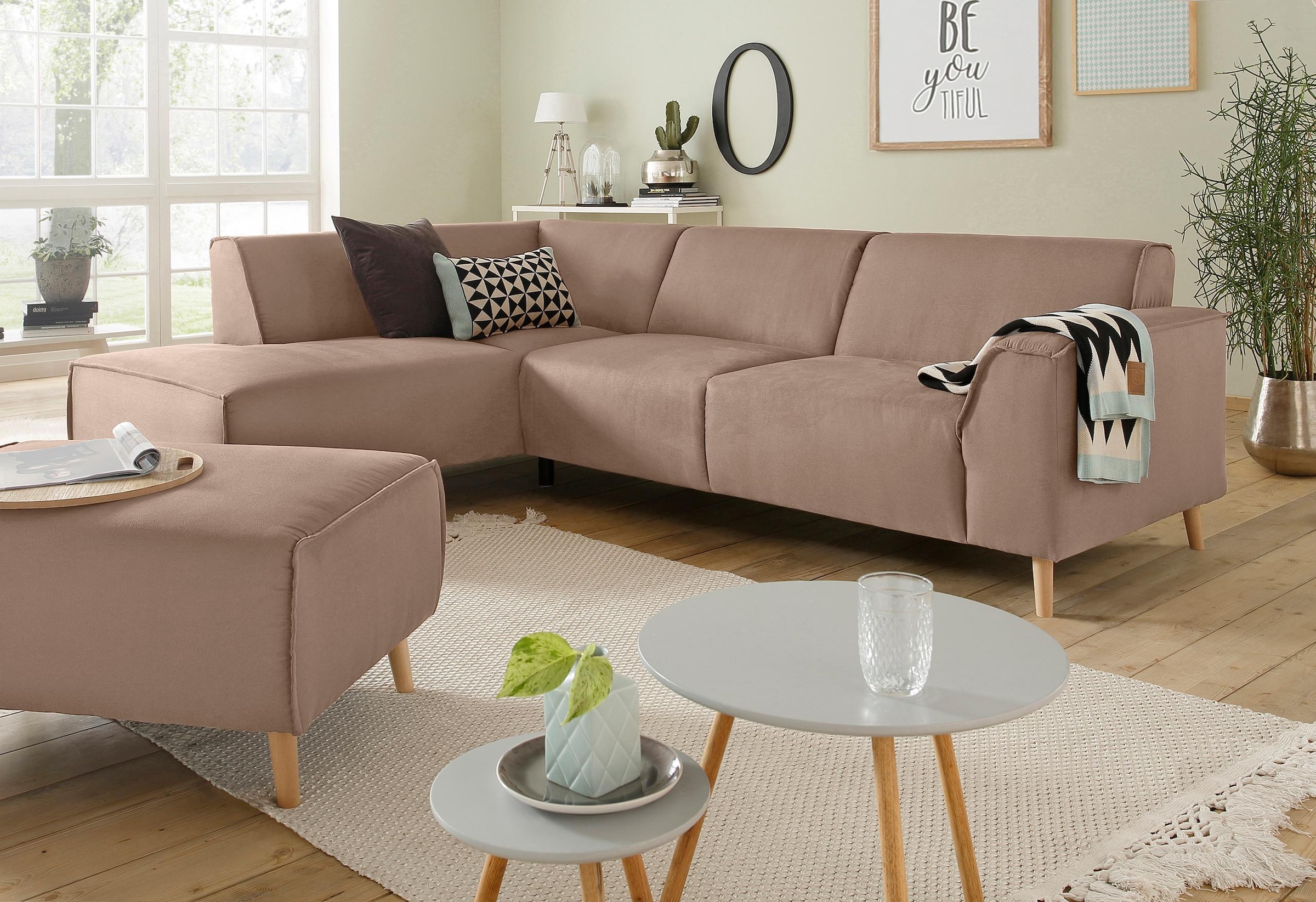 Home affaire Ecksofa »Julia L-Form«, Federkern-Polsterung, Holzfüsse, Keder